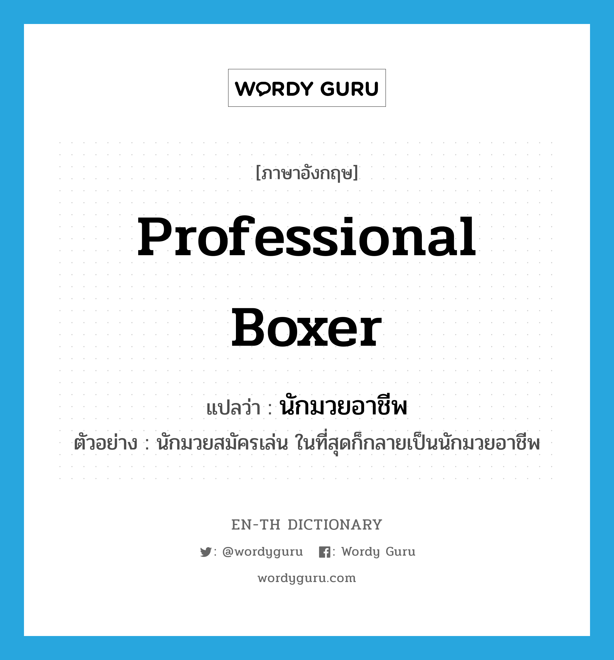 professional boxer แปลว่า?, คำศัพท์ภาษาอังกฤษ professional boxer แปลว่า นักมวยอาชีพ ประเภท N ตัวอย่าง นักมวยสมัครเล่น ในที่สุดก็กลายเป็นนักมวยอาชีพ หมวด N