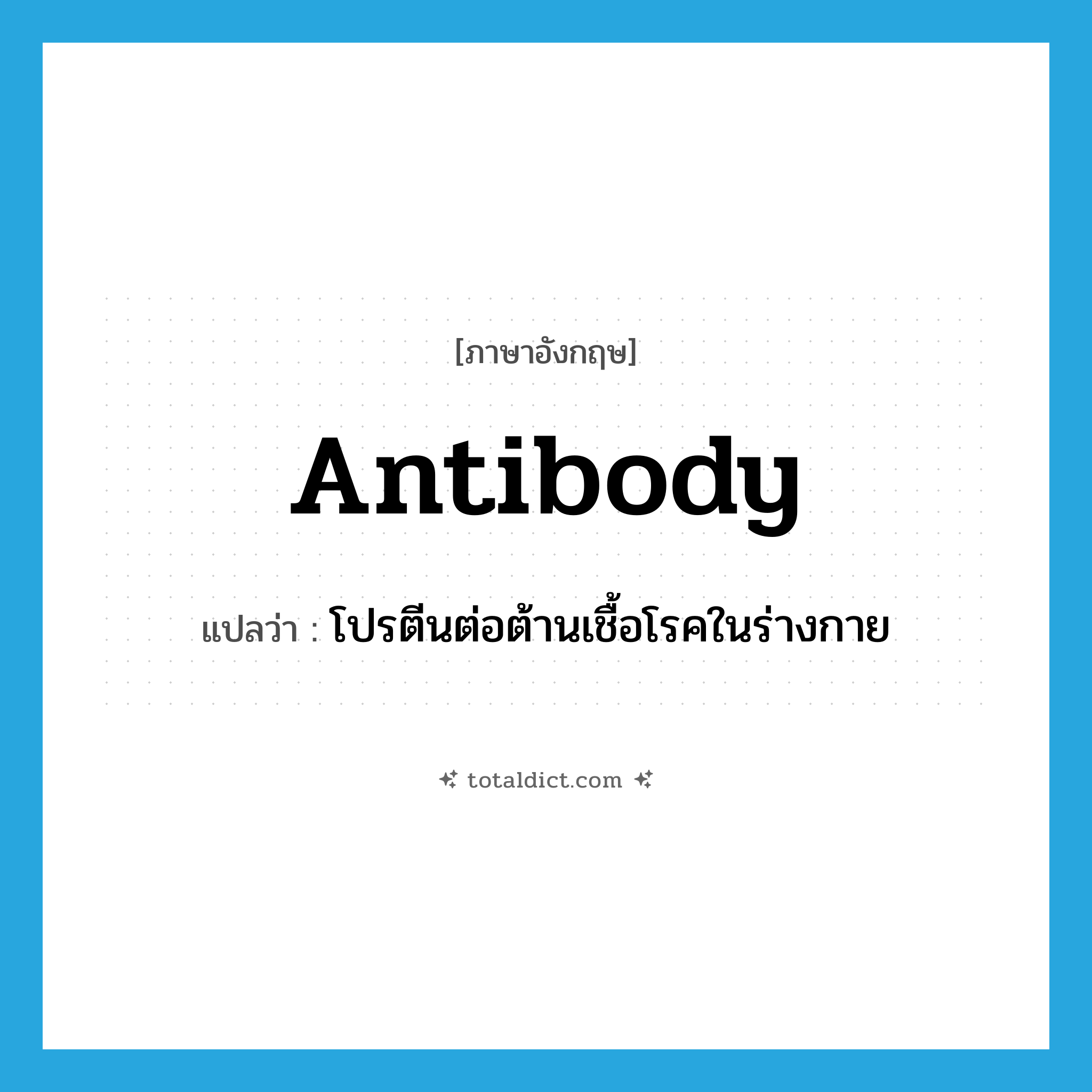 antibody แปลว่า?, คำศัพท์ภาษาอังกฤษ antibody แปลว่า โปรตีนต่อต้านเชื้อโรคในร่างกาย ประเภท N หมวด N