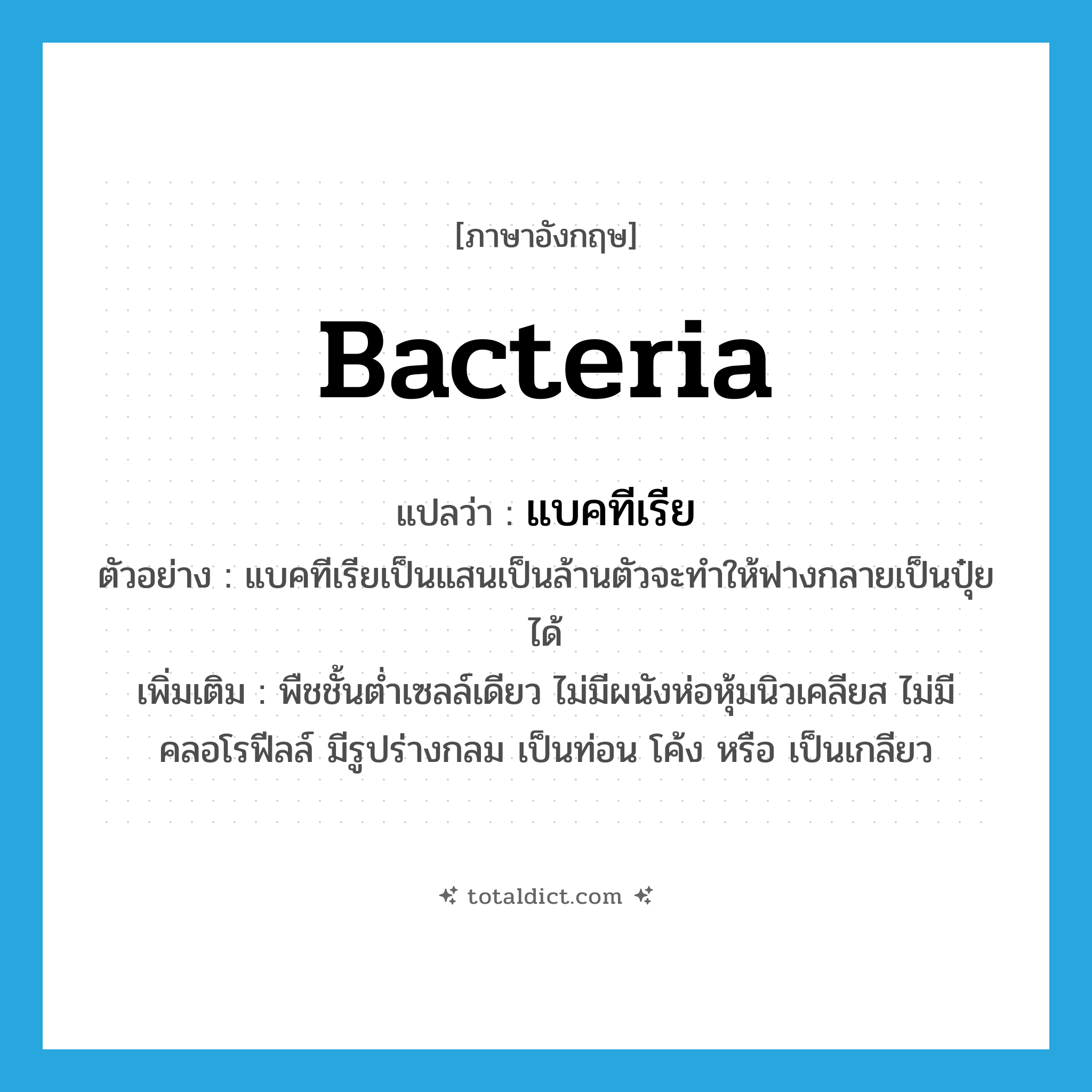 bacteria แปลว่า?, คำศัพท์ภาษาอังกฤษ bacteria แปลว่า แบคทีเรีย ประเภท N ตัวอย่าง แบคทีเรียเป็นแสนเป็นล้านตัวจะทำให้ฟางกลายเป็นปุ๋ยได้ เพิ่มเติม พืชชั้นต่ำเซลล์เดียว ไม่มีผนังห่อหุ้มนิวเคลียส ไม่มีคลอโรฟีลล์ มีรูปร่างกลม เป็นท่อน โค้ง หรือ เป็นเกลียว หมวด N