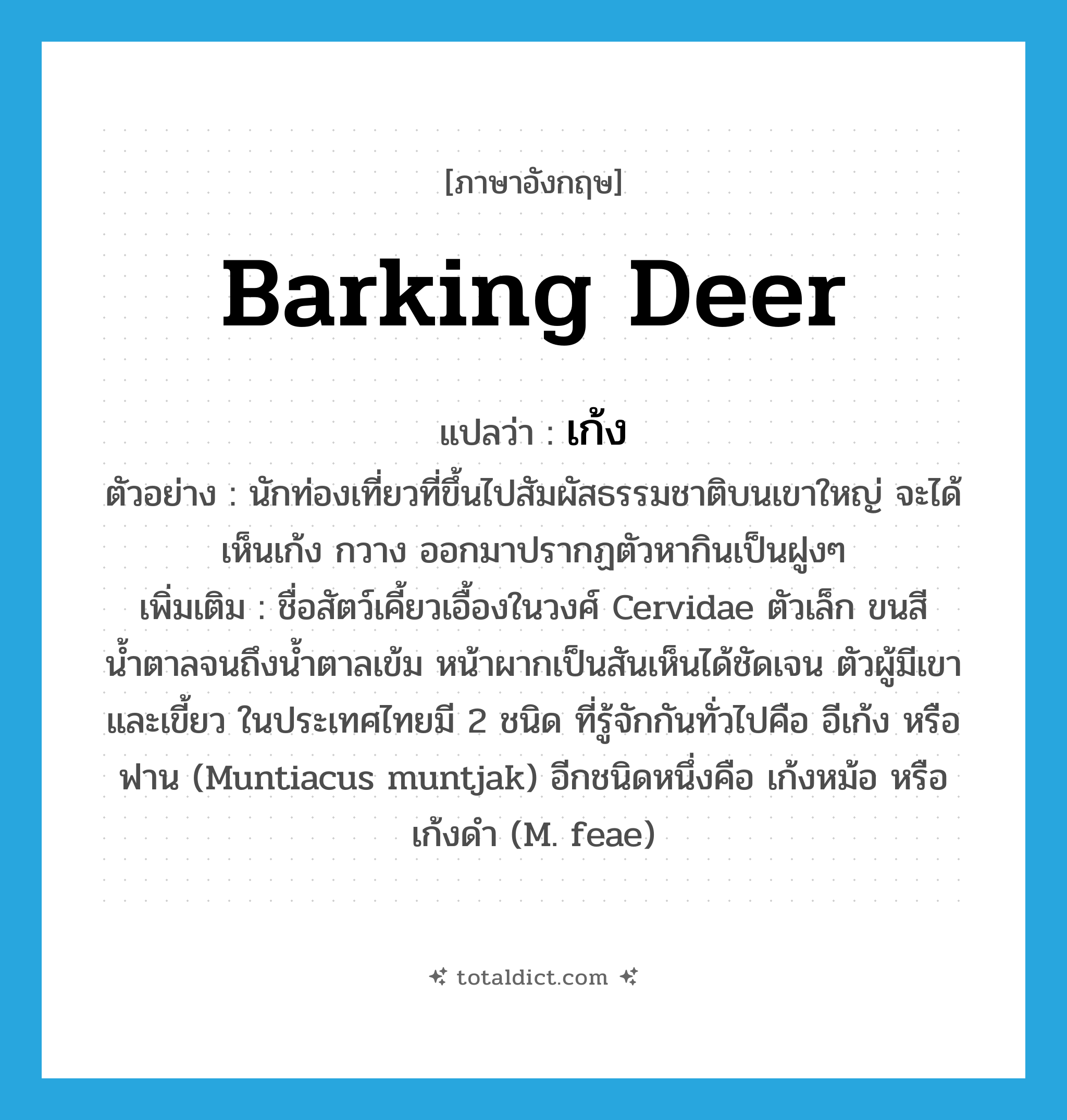 barking deer แปลว่า?, คำศัพท์ภาษาอังกฤษ barking deer แปลว่า เก้ง ประเภท N ตัวอย่าง นักท่องเที่ยวที่ขึ้นไปสัมผัสธรรมชาติบนเขาใหญ่ จะได้เห็นเก้ง กวาง ออกมาปรากฏตัวหากินเป็นฝูงๆ เพิ่มเติม ชื่อสัตว์เคี้ยวเอื้องในวงศ์ Cervidae ตัวเล็ก ขนสีน้ำตาลจนถึงน้ำตาลเข้ม หน้าผากเป็นสันเห็นได้ชัดเจน ตัวผู้มีเขาและเขี้ยว ในประเทศไทยมี 2 ชนิด ที่รู้จักกันทั่วไปคือ อีเก้ง หรือ ฟาน (Muntiacus muntjak) อีกชนิดหนึ่งคือ เก้งหม้อ หรือ เก้งดำ (M. feae) หมวด N