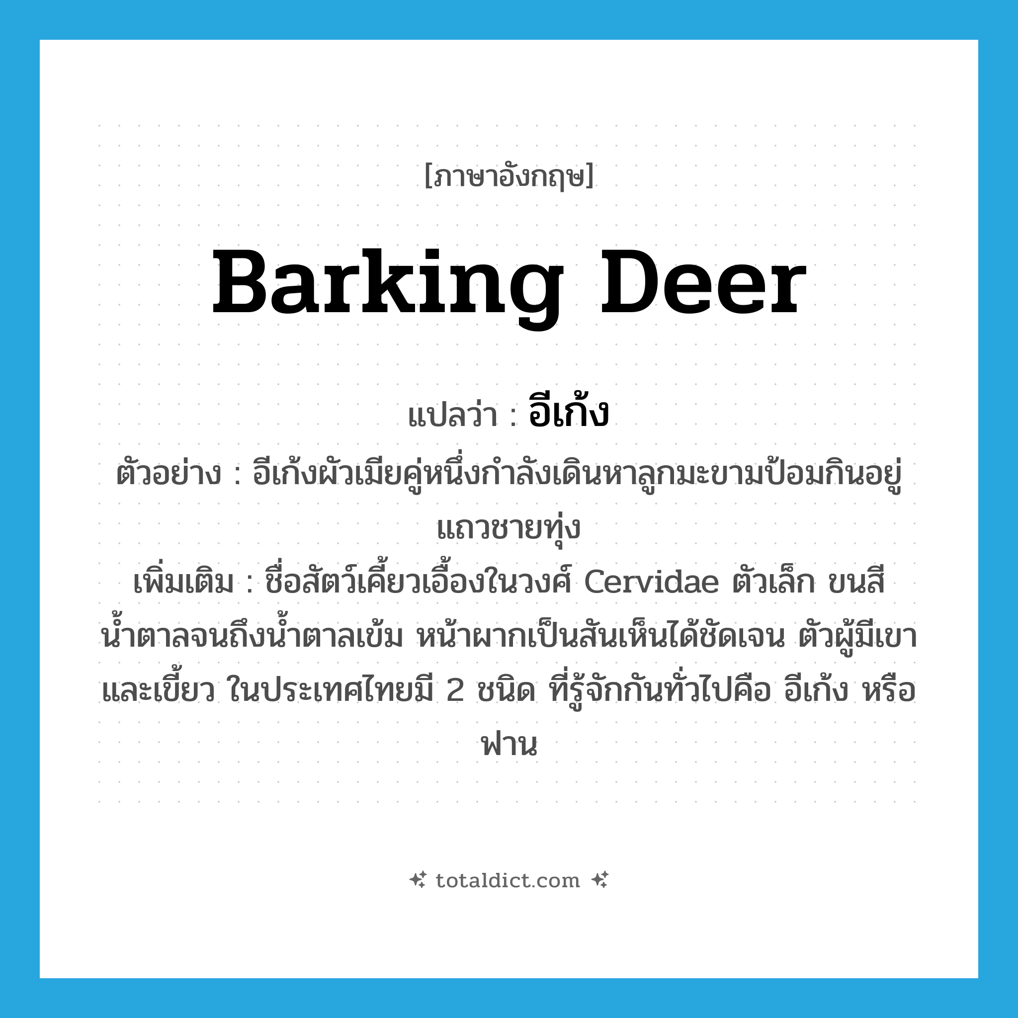 barking deer แปลว่า?, คำศัพท์ภาษาอังกฤษ barking deer แปลว่า อีเก้ง ประเภท N ตัวอย่าง อีเก้งผัวเมียคู่หนึ่งกำลังเดินหาลูกมะขามป้อมกินอยู่แถวชายทุ่ง เพิ่มเติม ชื่อสัตว์เคี้ยวเอื้องในวงศ์ Cervidae ตัวเล็ก ขนสีน้ำตาลจนถึงน้ำตาลเข้ม หน้าผากเป็นสันเห็นได้ชัดเจน ตัวผู้มีเขาและเขี้ยว ในประเทศไทยมี 2 ชนิด ที่รู้จักกันทั่วไปคือ อีเก้ง หรือฟาน หมวด N