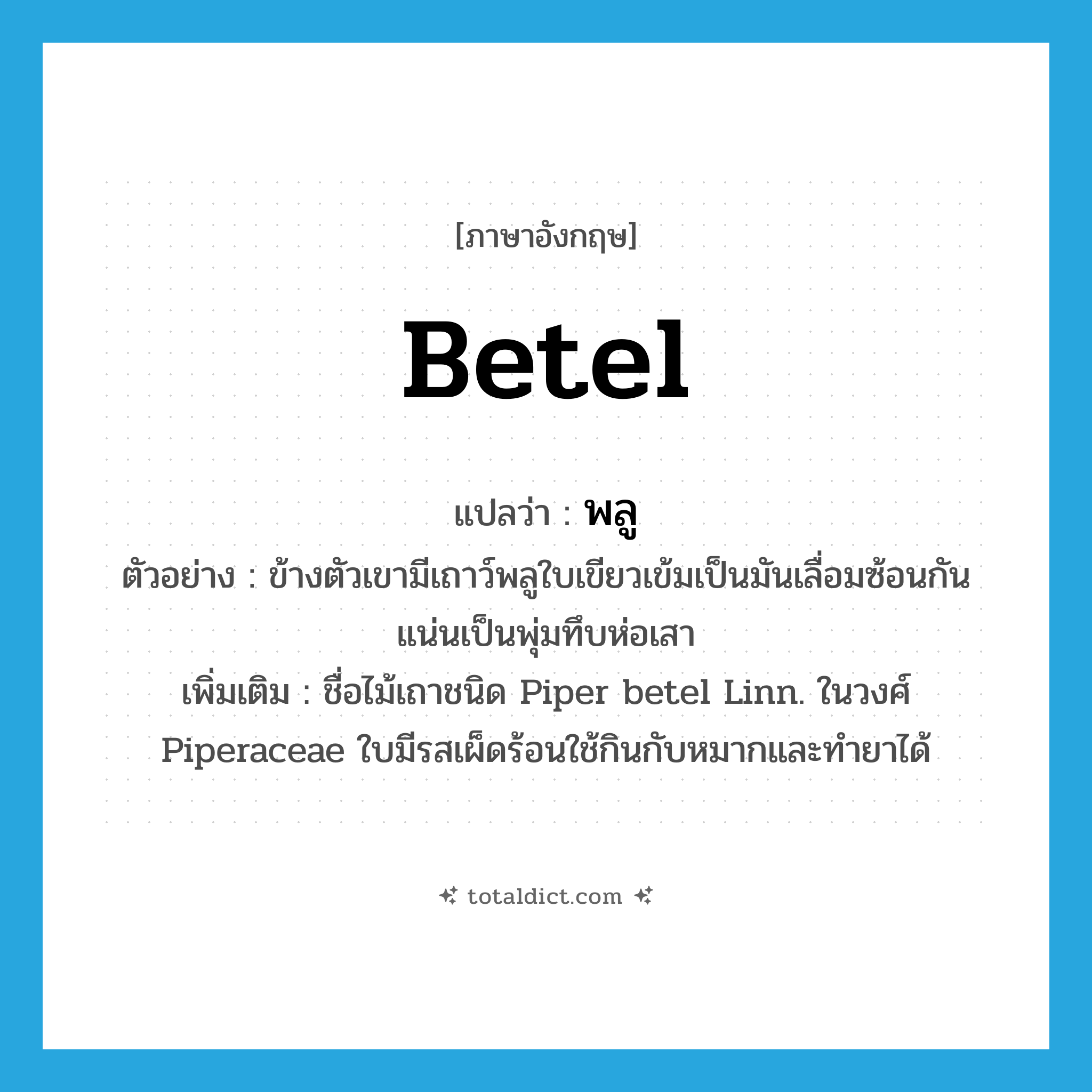 betel แปลว่า?, คำศัพท์ภาษาอังกฤษ betel แปลว่า พลู ประเภท N ตัวอย่าง ข้างตัวเขามีเถาว์พลูใบเขียวเข้มเป็นมันเลื่อมซ้อนกันแน่นเป็นพุ่มทึบห่อเสา เพิ่มเติม ชื่อไม้เถาชนิด Piper betel Linn. ในวงศ์ Piperaceae ใบมีรสเผ็ดร้อนใช้กินกับหมากและทำยาได้ หมวด N