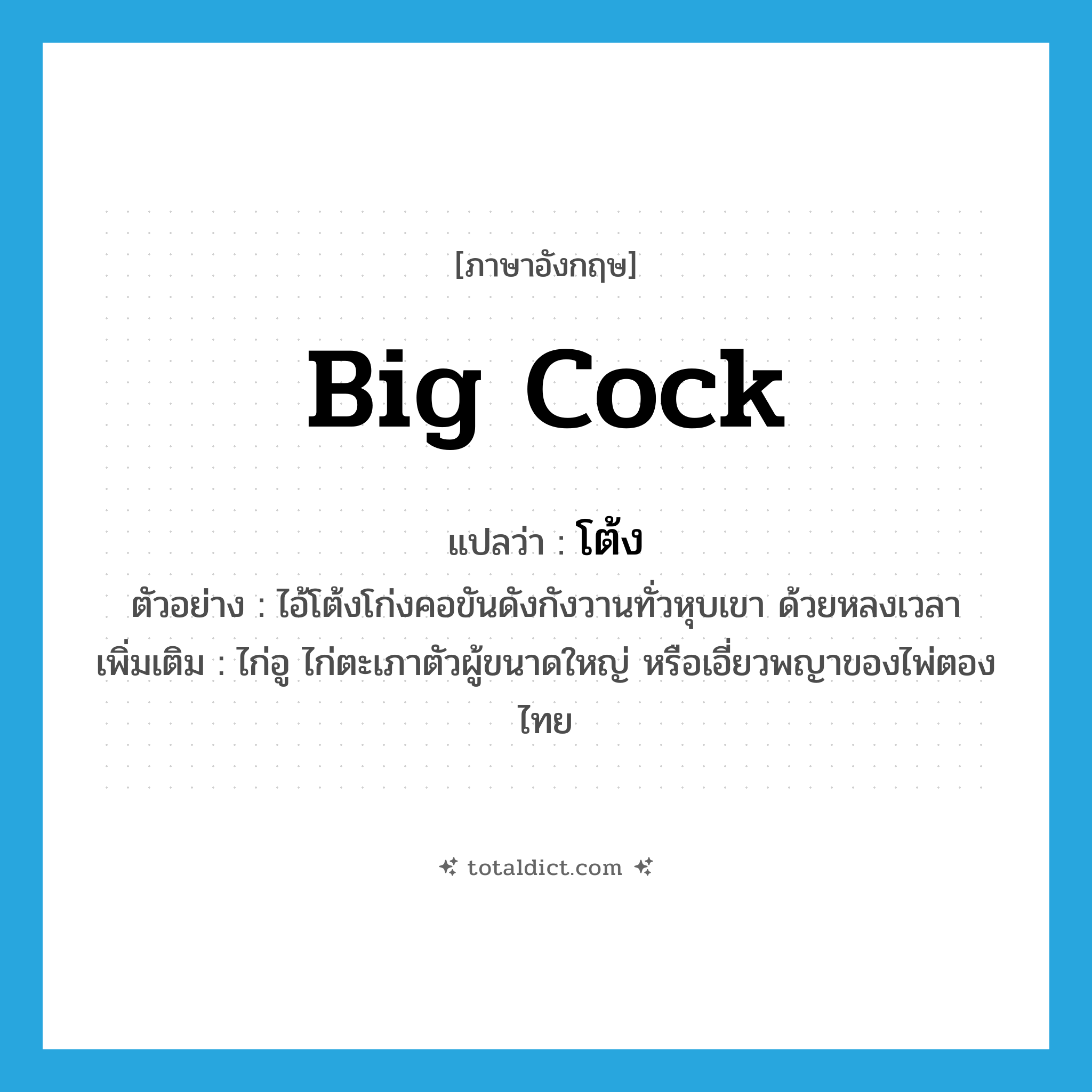 big cock แปลว่า?, คำศัพท์ภาษาอังกฤษ big cock แปลว่า โต้ง ประเภท N ตัวอย่าง ไอ้โต้งโก่งคอขันดังกังวานทั่วหุบเขา ด้วยหลงเวลา เพิ่มเติม ไก่อู ไก่ตะเภาตัวผู้ขนาดใหญ่ หรือเอี่ยวพญาของไพ่ตองไทย หมวด N