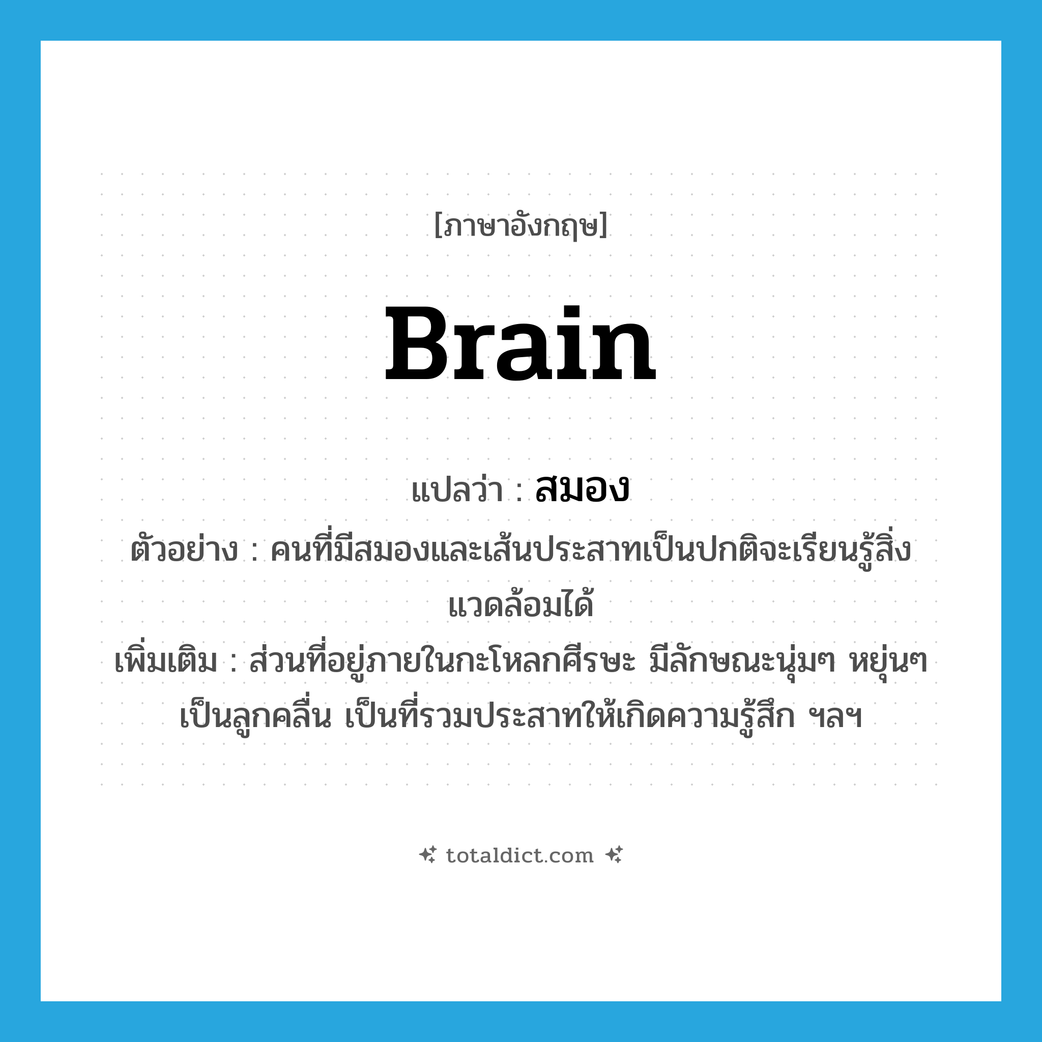 brain แปลว่า?, คำศัพท์ภาษาอังกฤษ brain แปลว่า สมอง ประเภท N ตัวอย่าง คนที่มีสมองและเส้นประสาทเป็นปกติจะเรียนรู้สิ่งแวดล้อมได้ เพิ่มเติม ส่วนที่อยู่ภายในกะโหลกศีรษะ มีลักษณะนุ่มๆ หยุ่นๆ เป็นลูกคลื่น เป็นที่รวมประสาทให้เกิดความรู้สึก ฯลฯ หมวด N