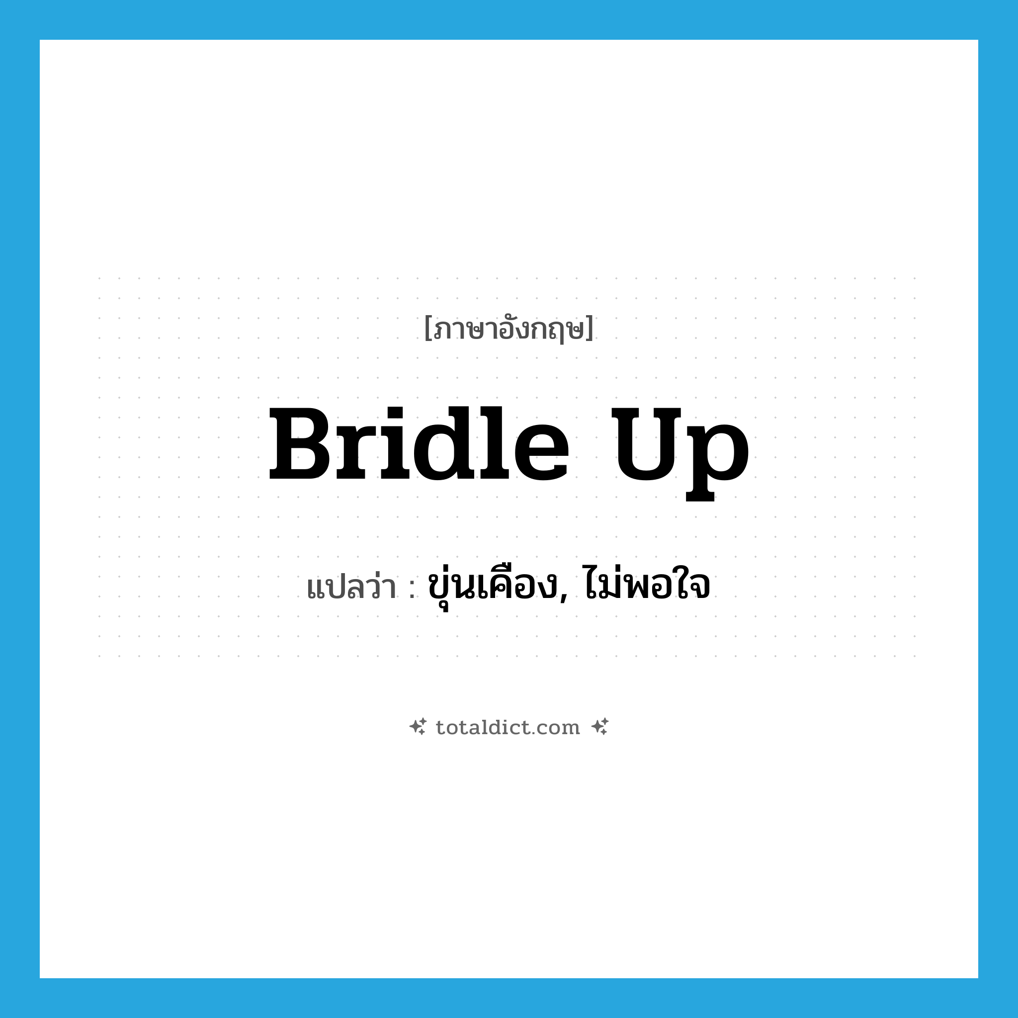 bridle up แปลว่า?, คำศัพท์ภาษาอังกฤษ bridle up แปลว่า ขุ่นเคือง, ไม่พอใจ ประเภท PHRV หมวด PHRV