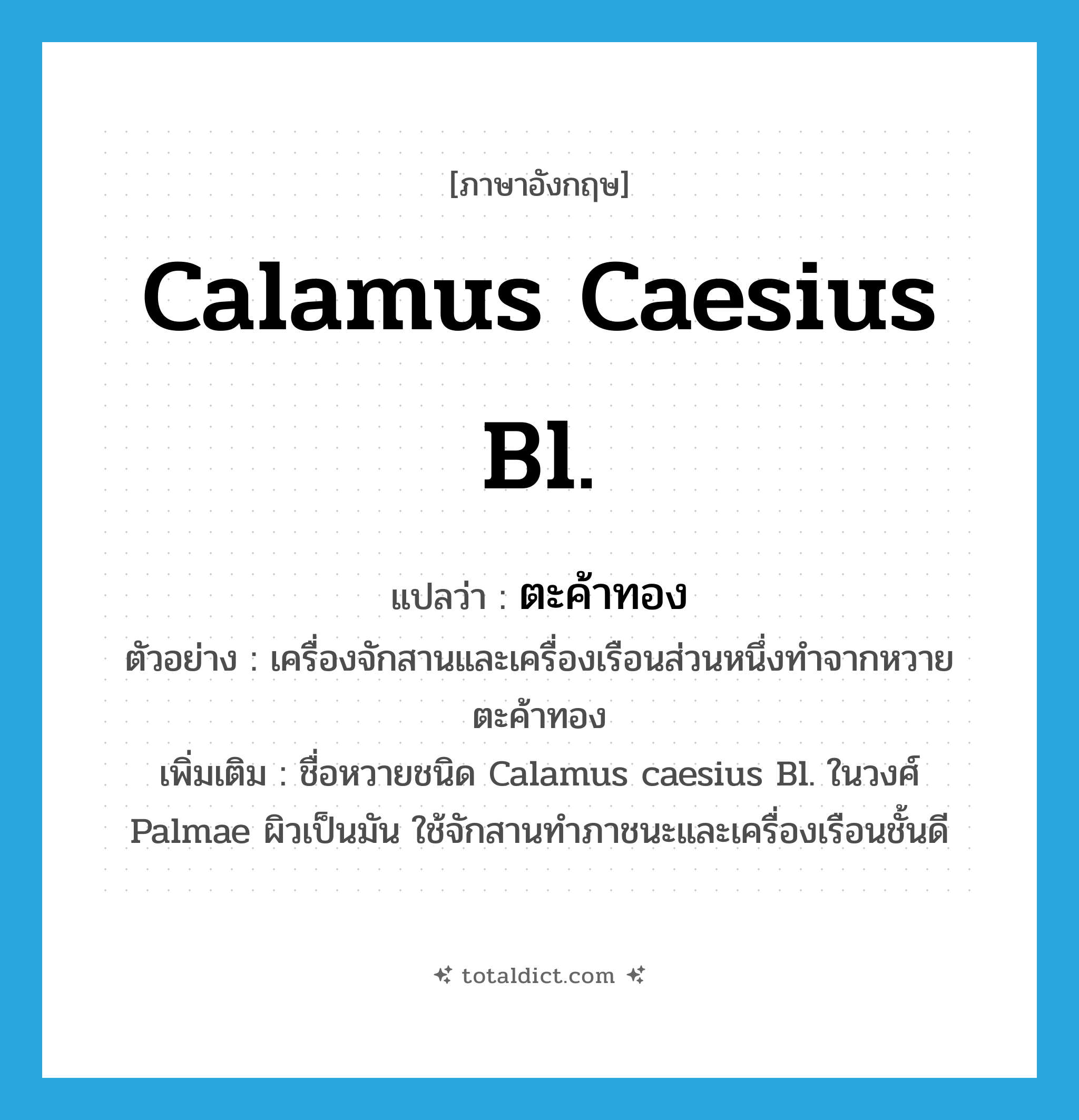 Calamus caesius Bl. แปลว่า?, คำศัพท์ภาษาอังกฤษ Calamus caesius Bl. แปลว่า ตะค้าทอง ประเภท N ตัวอย่าง เครื่องจักสานและเครื่องเรือนส่วนหนึ่งทำจากหวายตะค้าทอง เพิ่มเติม ชื่อหวายชนิด Calamus caesius Bl. ในวงศ์ Palmae ผิวเป็นมัน ใช้จักสานทำภาชนะและเครื่องเรือนชั้นดี หมวด N