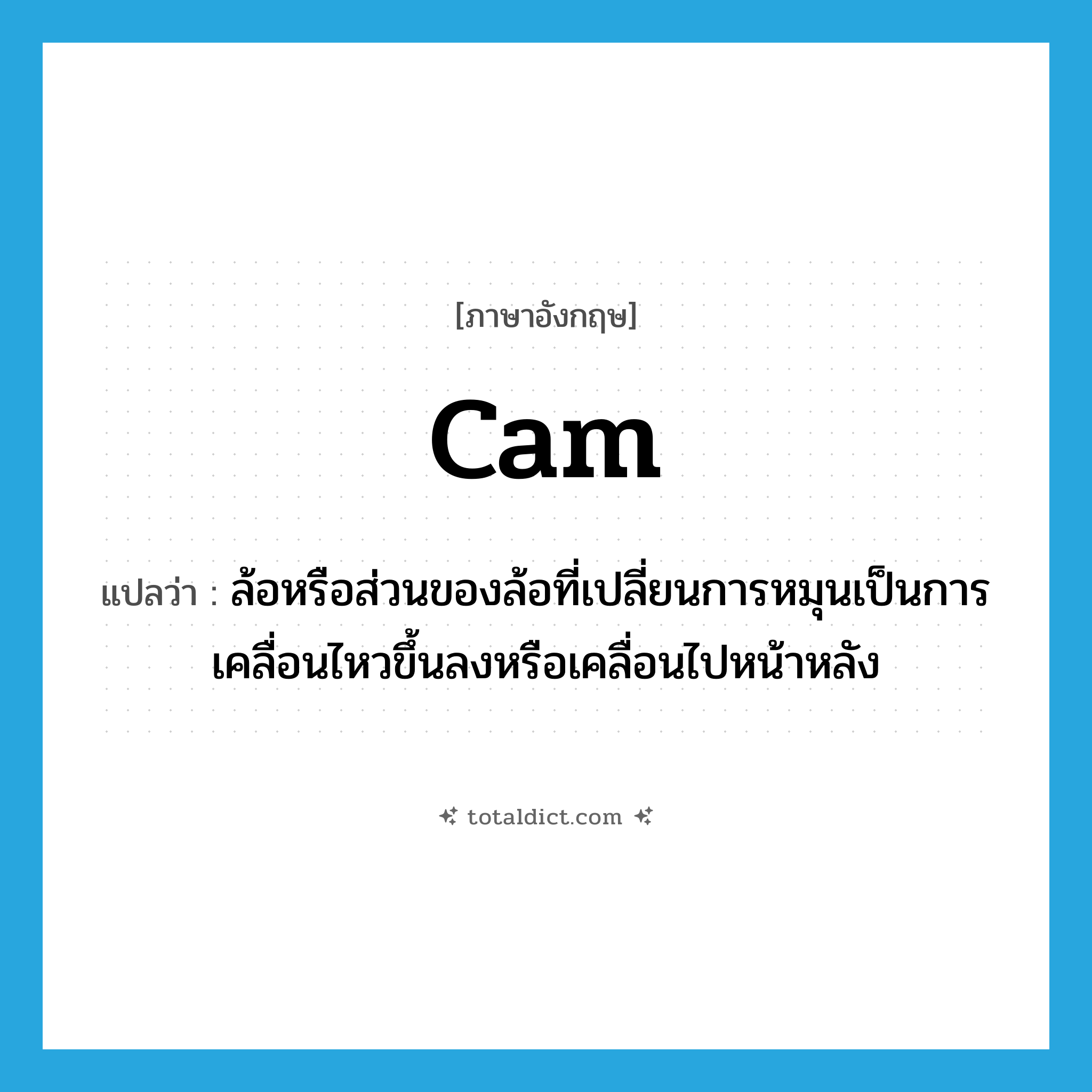 cam แปลว่า?, คำศัพท์ภาษาอังกฤษ cam แปลว่า ล้อหรือส่วนของล้อที่เปลี่ยนการหมุนเป็นการเคลื่อนไหวขึ้นลงหรือเคลื่อนไปหน้าหลัง ประเภท N หมวด N