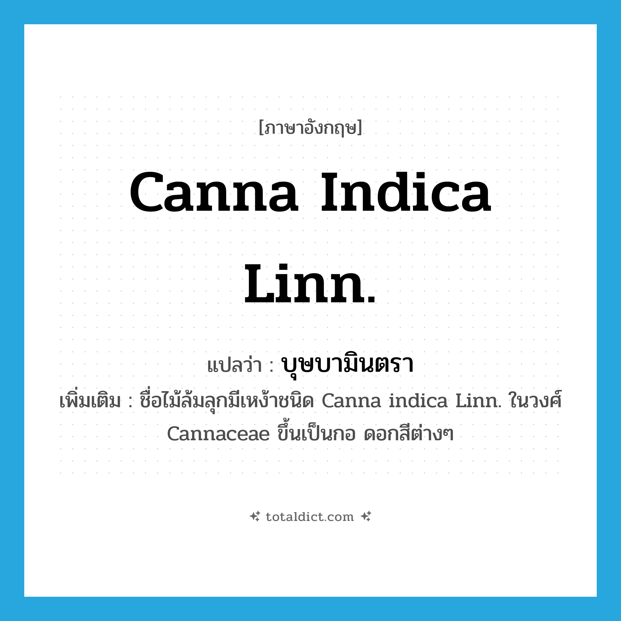 Canna indica Linn. แปลว่า?, คำศัพท์ภาษาอังกฤษ Canna indica Linn. แปลว่า บุษบามินตรา ประเภท N เพิ่มเติม ชื่อไม้ล้มลุกมีเหง้าชนิด Canna indica Linn. ในวงศ์ Cannaceae ขึ้นเป็นกอ ดอกสีต่างๆ หมวด N