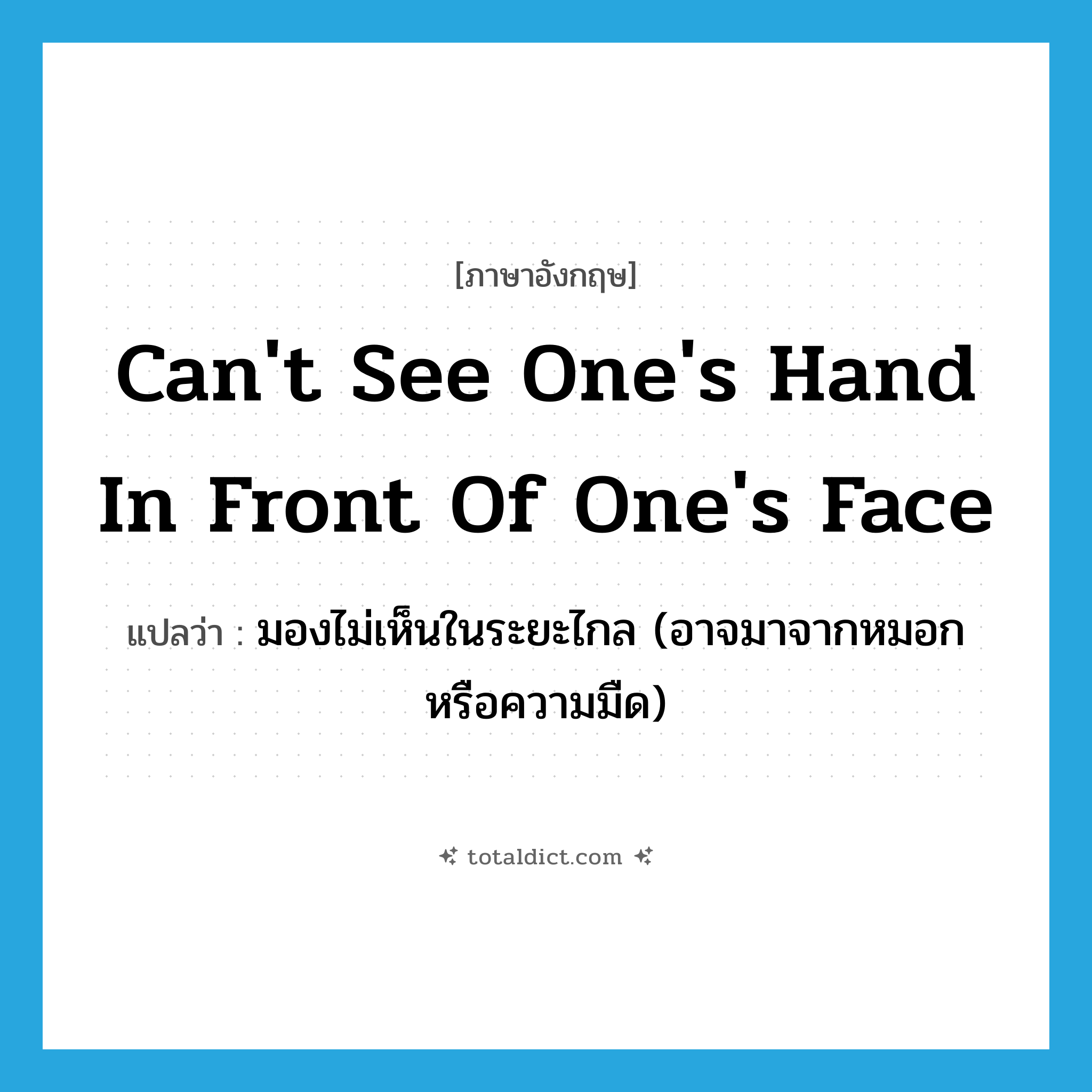 can&#39;t see one&#39;s hand in front of one&#39;s face แปลว่า?, คำศัพท์ภาษาอังกฤษ can&#39;t see one&#39;s hand in front of one&#39;s face แปลว่า มองไม่เห็นในระยะไกล (อาจมาจากหมอกหรือความมืด) ประเภท IDM หมวด IDM