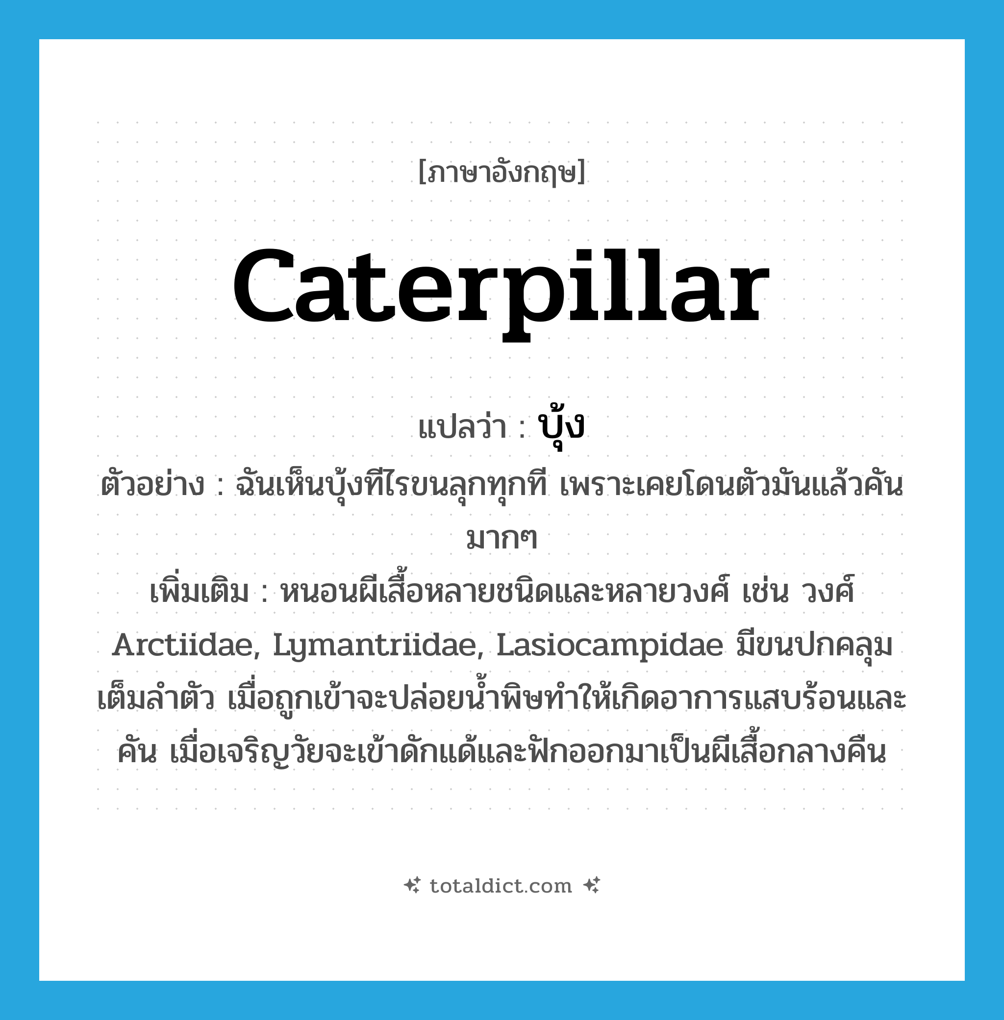 caterpillar แปลว่า?, คำศัพท์ภาษาอังกฤษ caterpillar แปลว่า บุ้ง ประเภท N ตัวอย่าง ฉันเห็นบุ้งทีไรขนลุกทุกที เพราะเคยโดนตัวมันแล้วคันมากๆ เพิ่มเติม หนอนผีเสื้อหลายชนิดและหลายวงศ์ เช่น วงศ์ Arctiidae, Lymantriidae, Lasiocampidae มีขนปกคลุมเต็มลำตัว เมื่อถูกเข้าจะปล่อยน้ำพิษทำให้เกิดอาการแสบร้อนและคัน เมื่อเจริญวัยจะเข้าดักแด้และฟักออกมาเป็นผีเสื้อกลางคืน หมวด N