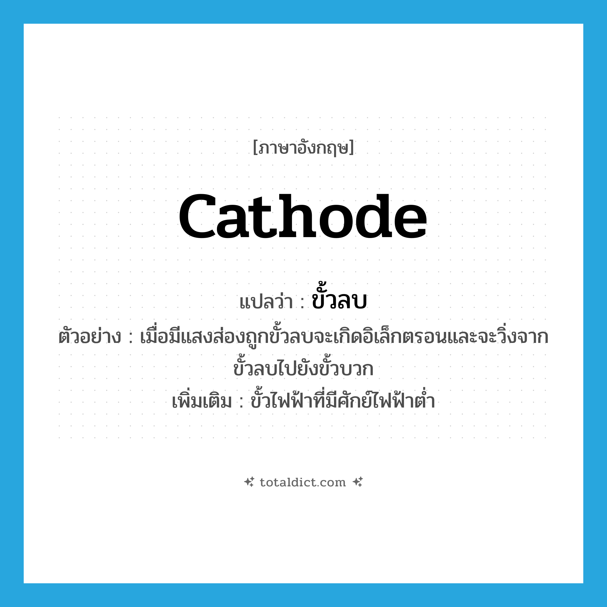 cathode แปลว่า?, คำศัพท์ภาษาอังกฤษ cathode แปลว่า ขั้วลบ ประเภท N ตัวอย่าง เมื่อมีแสงส่องถูกขั้วลบจะเกิดอิเล็กตรอนและจะวิ่งจากขั้วลบไปยังขั้วบวก เพิ่มเติม ขั้วไฟฟ้าที่มีศักย์ไฟฟ้าต่ำ หมวด N