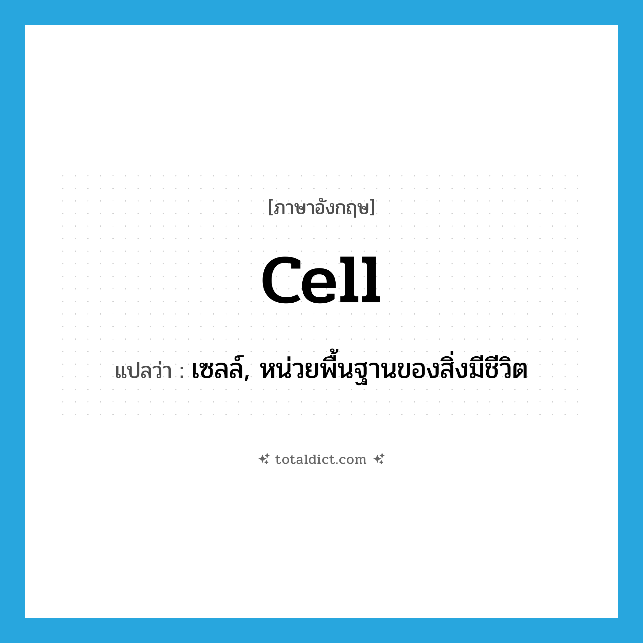 cell แปลว่า?, คำศัพท์ภาษาอังกฤษ cell แปลว่า เซลล์, หน่วยพื้นฐานของสิ่งมีชีวิต ประเภท N หมวด N