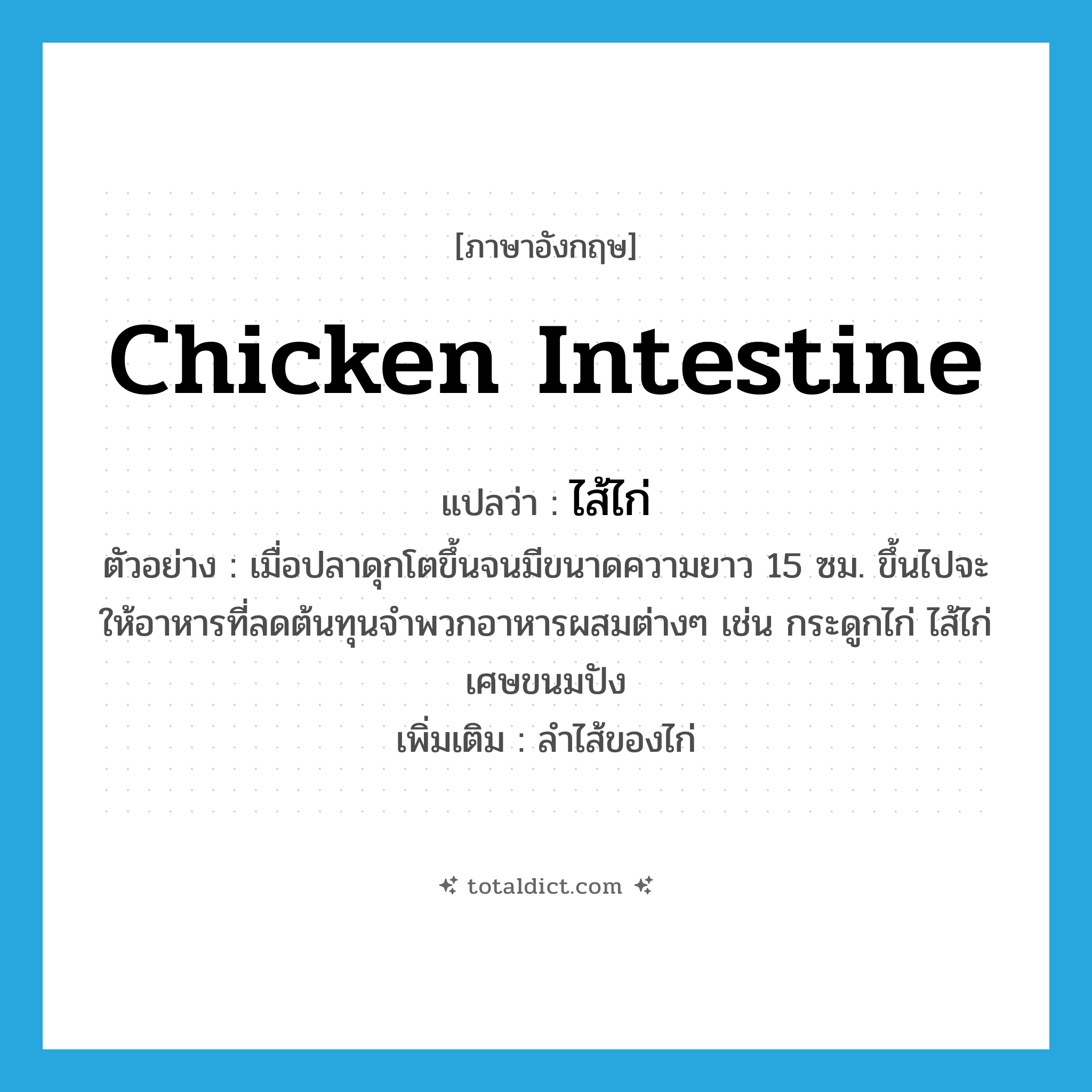 chicken intestine แปลว่า?, คำศัพท์ภาษาอังกฤษ chicken intestine แปลว่า ไส้ไก่ ประเภท N ตัวอย่าง เมื่อปลาดุกโตขึ้นจนมีขนาดความยาว 15 ซม. ขึ้นไปจะให้อาหารที่ลดต้นทุนจำพวกอาหารผสมต่างๆ เช่น กระดูกไก่ ไส้ไก่ เศษขนมปัง เพิ่มเติม ลำไส้ของไก่ หมวด N