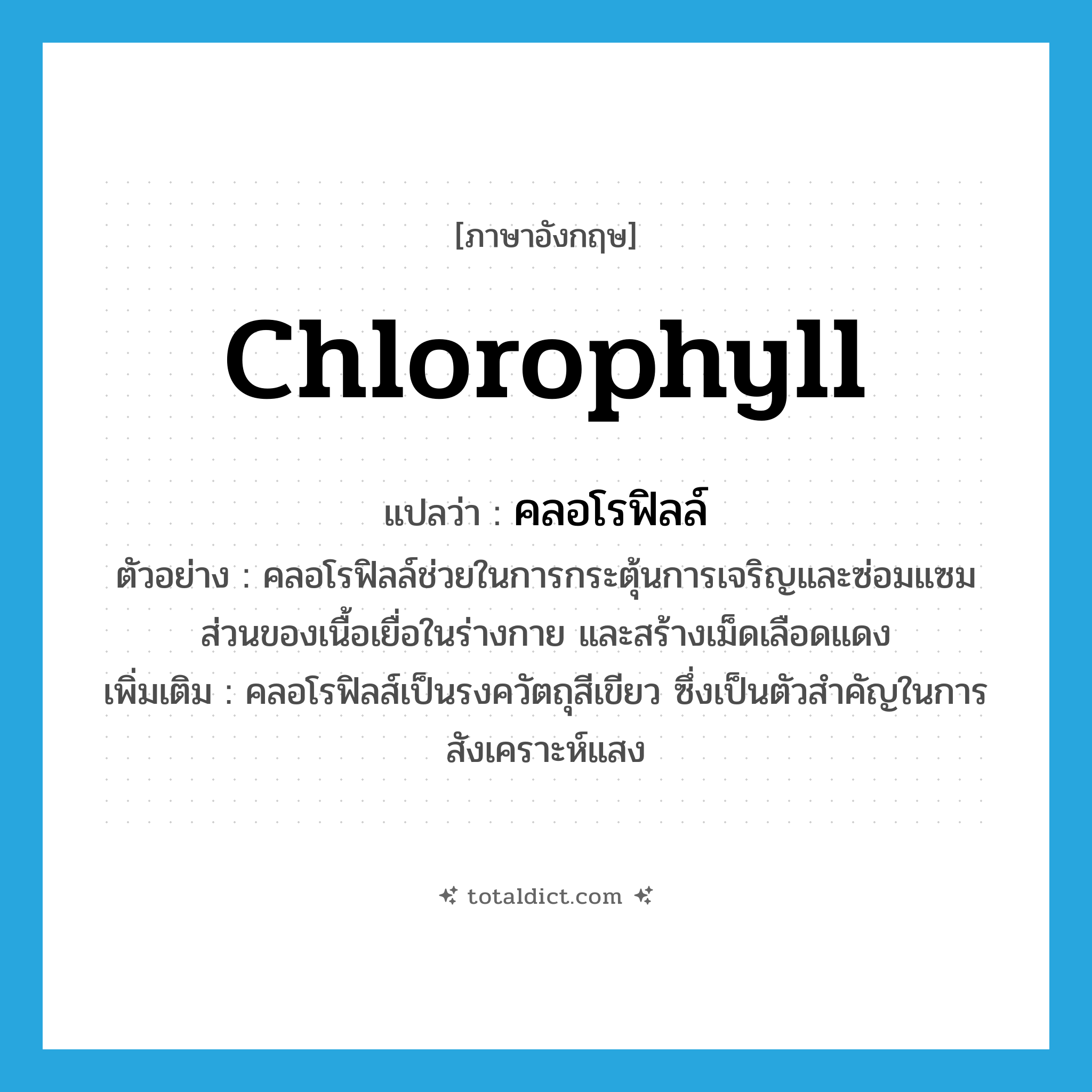 chlorophyll แปลว่า?, คำศัพท์ภาษาอังกฤษ chlorophyll แปลว่า คลอโรฟิลล์ ประเภท N ตัวอย่าง คลอโรฟิลล์ช่วยในการกระตุ้นการเจริญและซ่อมแซมส่วนของเนื้อเยื่อในร่างกาย และสร้างเม็ดเลือดแดง เพิ่มเติม คลอโรฟิลส์เป็นรงควัตถุสีเขียว ซึ่งเป็นตัวสำคัญในการสังเคราะห์แสง หมวด N