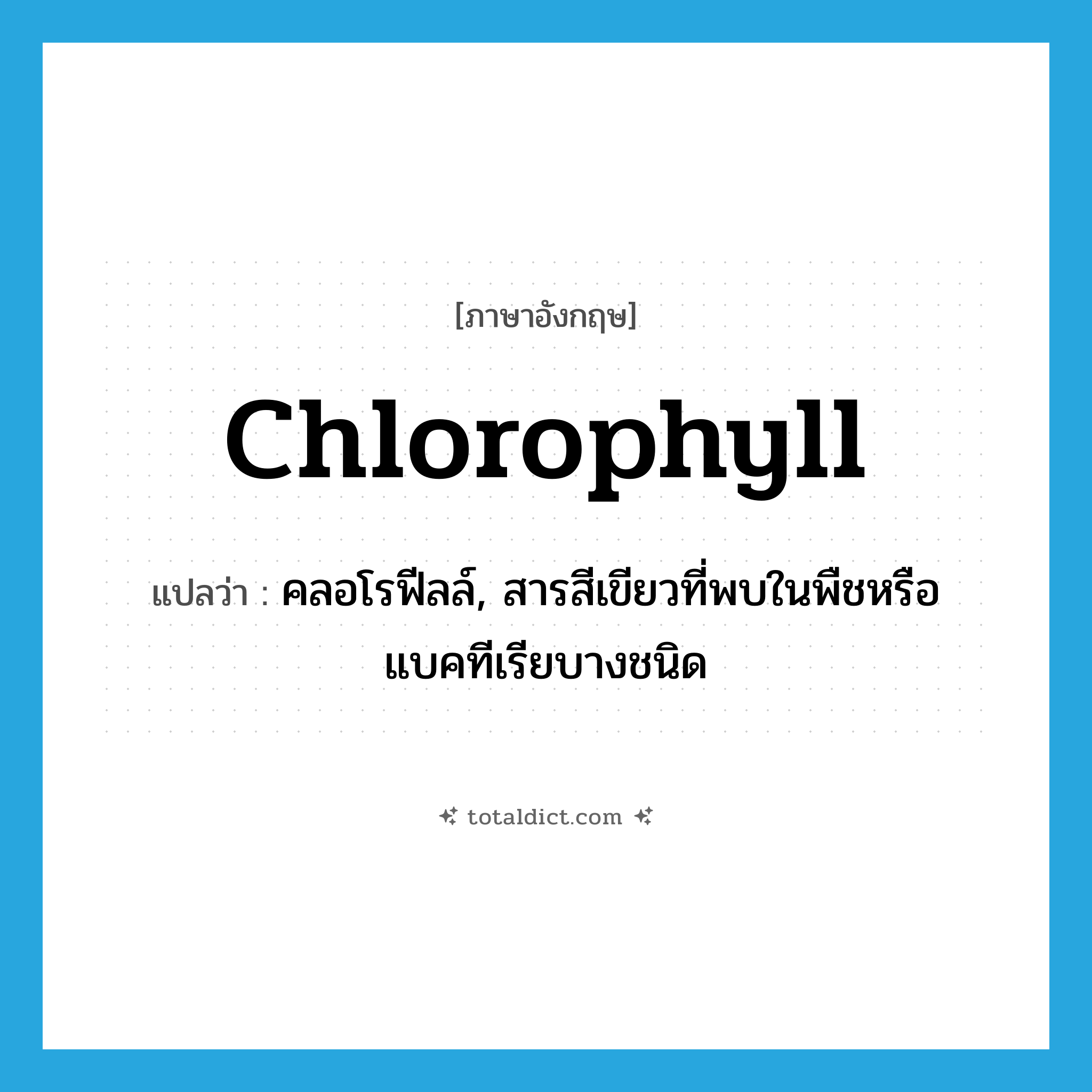 chlorophyll แปลว่า?, คำศัพท์ภาษาอังกฤษ chlorophyll แปลว่า คลอโรฟีลล์, สารสีเขียวที่พบในพืชหรือแบคทีเรียบางชนิด ประเภท N หมวด N