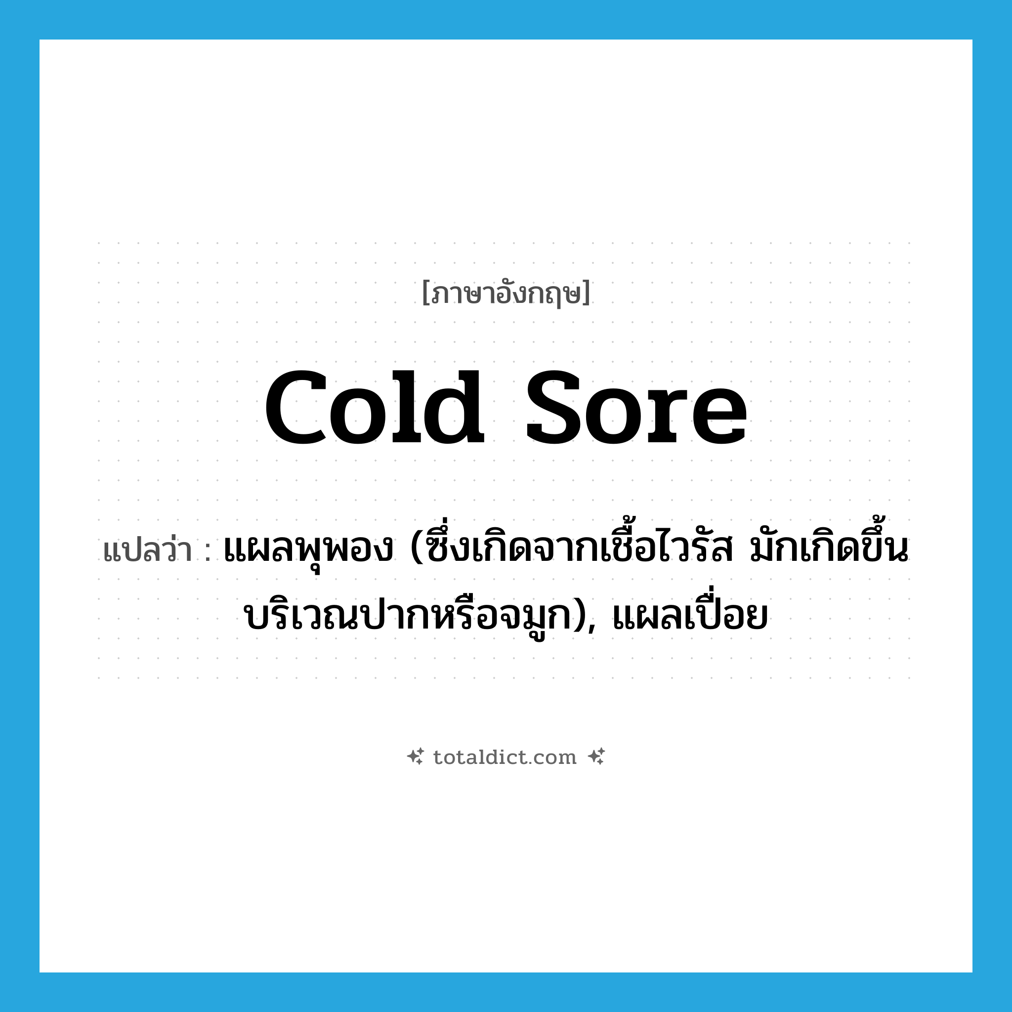 cold sore แปลว่า?, คำศัพท์ภาษาอังกฤษ cold sore แปลว่า แผลพุพอง (ซึ่งเกิดจากเชื้อไวรัส มักเกิดขึ้นบริเวณปากหรือจมูก), แผลเปื่อย ประเภท N หมวด N