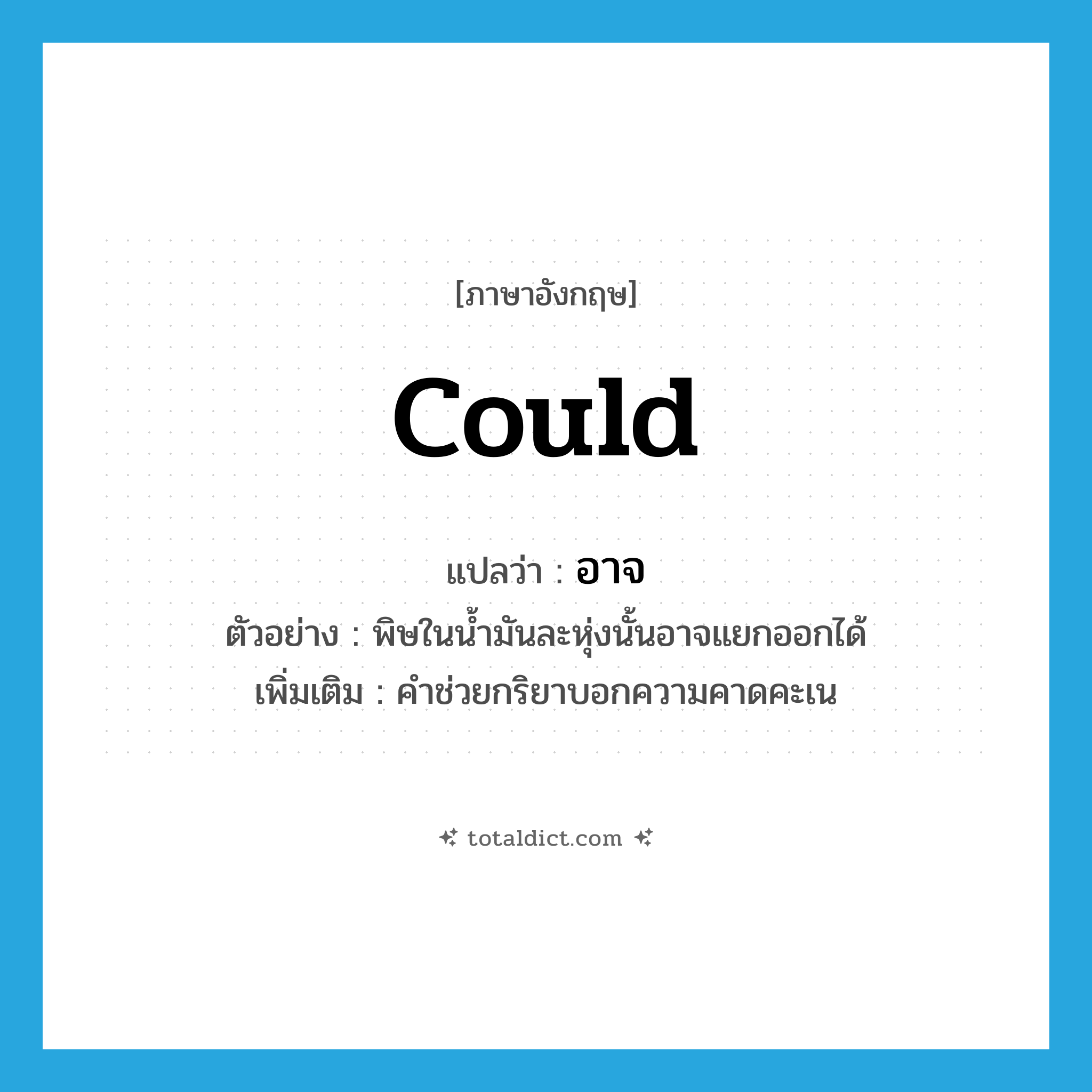 could แปลว่า?, คำศัพท์ภาษาอังกฤษ could แปลว่า อาจ ประเภท AUX ตัวอย่าง พิษในน้ำมันละหุ่งนั้นอาจแยกออกได้ เพิ่มเติม คำช่วยกริยาบอกความคาดคะเน หมวด AUX