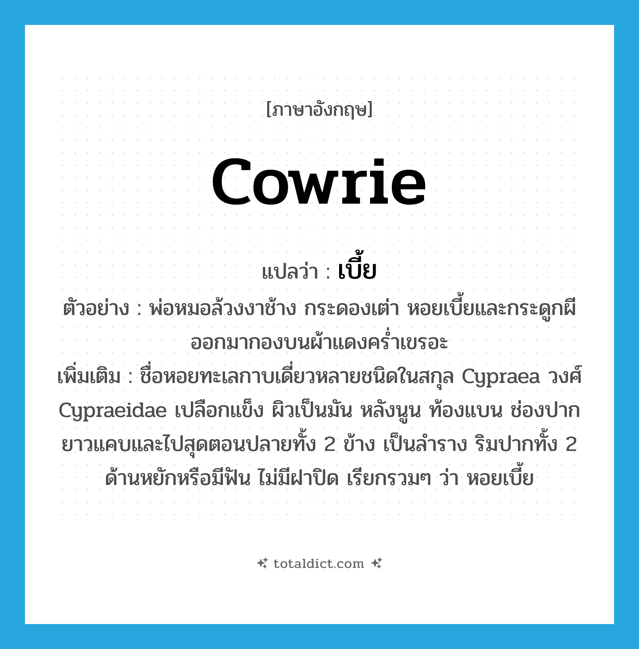 cowrie แปลว่า?, คำศัพท์ภาษาอังกฤษ cowrie แปลว่า เบี้ย ประเภท N ตัวอย่าง พ่อหมอล้วงงาช้าง กระดองเต่า หอยเบี้ยและกระดูกผีออกมากองบนผ้าแดงคร่ำเขรอะ เพิ่มเติม ชื่อหอยทะเลกาบเดี่ยวหลายชนิดในสกุล Cypraea วงศ์ Cypraeidae เปลือกแข็ง ผิวเป็นมัน หลังนูน ท้องแบน ช่องปากยาวแคบและไปสุดตอนปลายทั้ง 2 ข้าง เป็นลำราง ริมปากทั้ง 2 ด้านหยักหรือมีฟัน ไม่มีฝาปิด เรียกรวมๆ ว่า หอยเบี้ย หมวด N