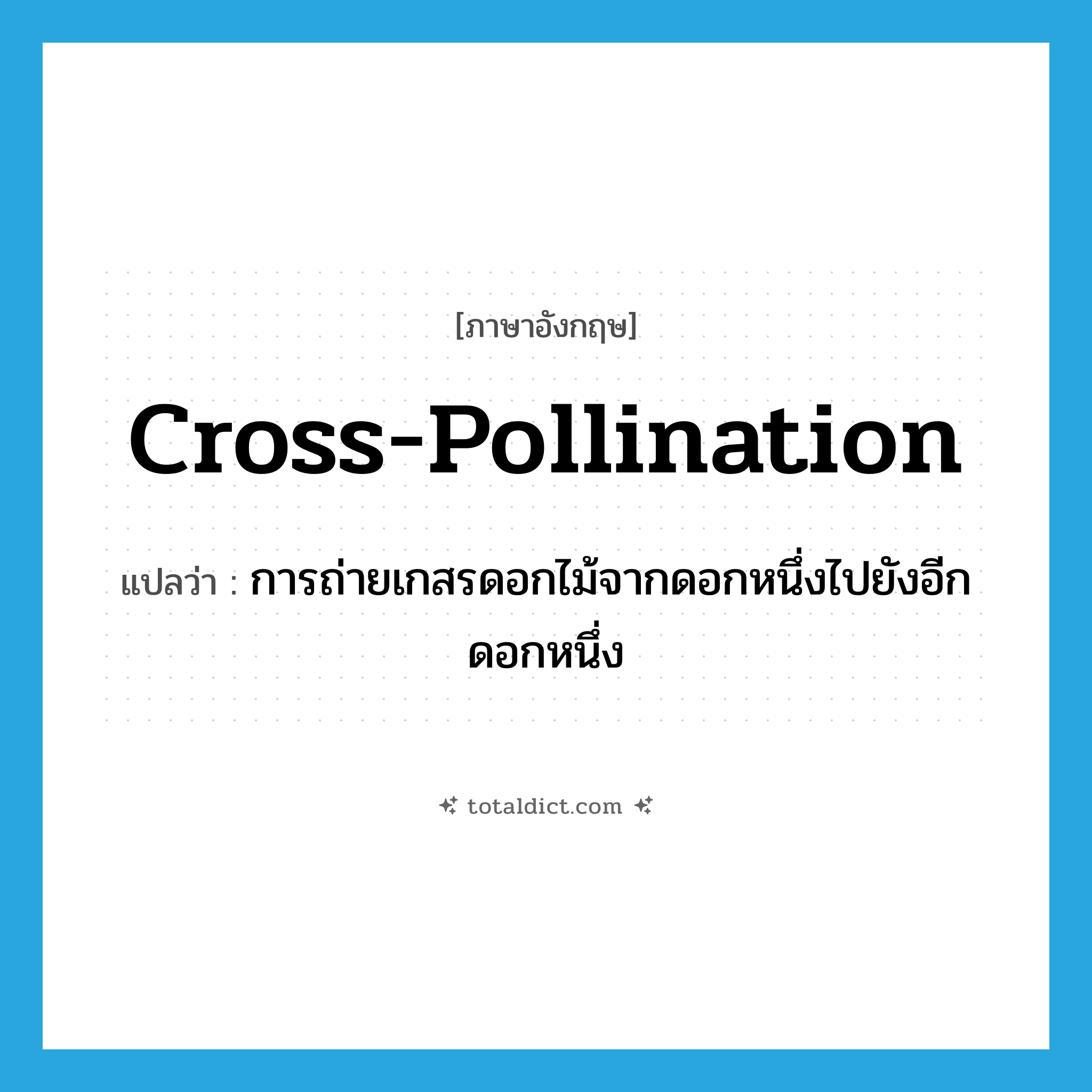 cross-pollination แปลว่า?, คำศัพท์ภาษาอังกฤษ cross-pollination แปลว่า การถ่ายเกสรดอกไม้จากดอกหนึ่งไปยังอีกดอกหนึ่ง ประเภท N หมวด N