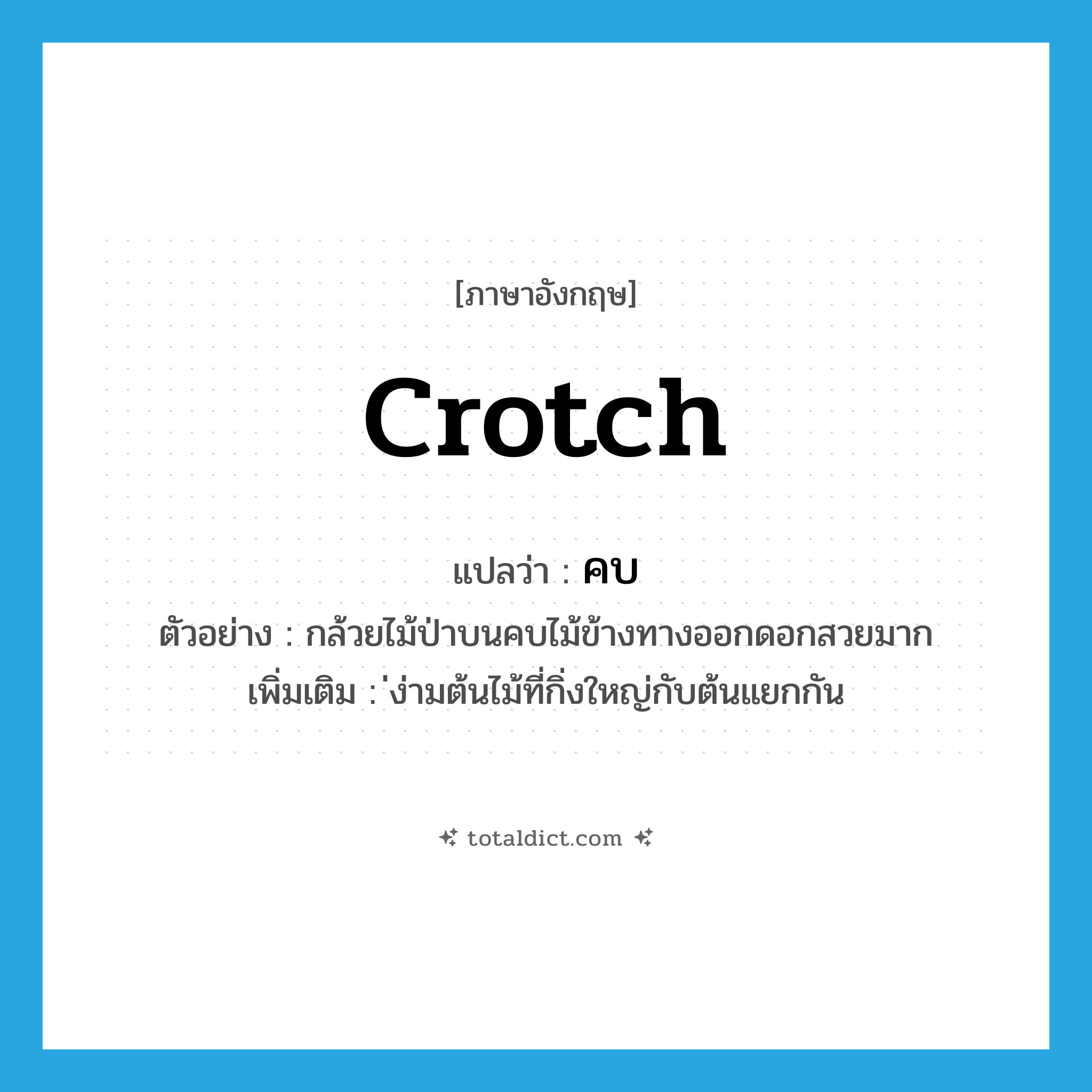 crotch แปลว่า?, คำศัพท์ภาษาอังกฤษ crotch แปลว่า คบ ประเภท N ตัวอย่าง กล้วยไม้ป่าบนคบไม้ข้างทางออกดอกสวยมาก เพิ่มเติม ่ง่ามต้นไม้ที่กิ่งใหญ่กับต้นแยกกัน หมวด N