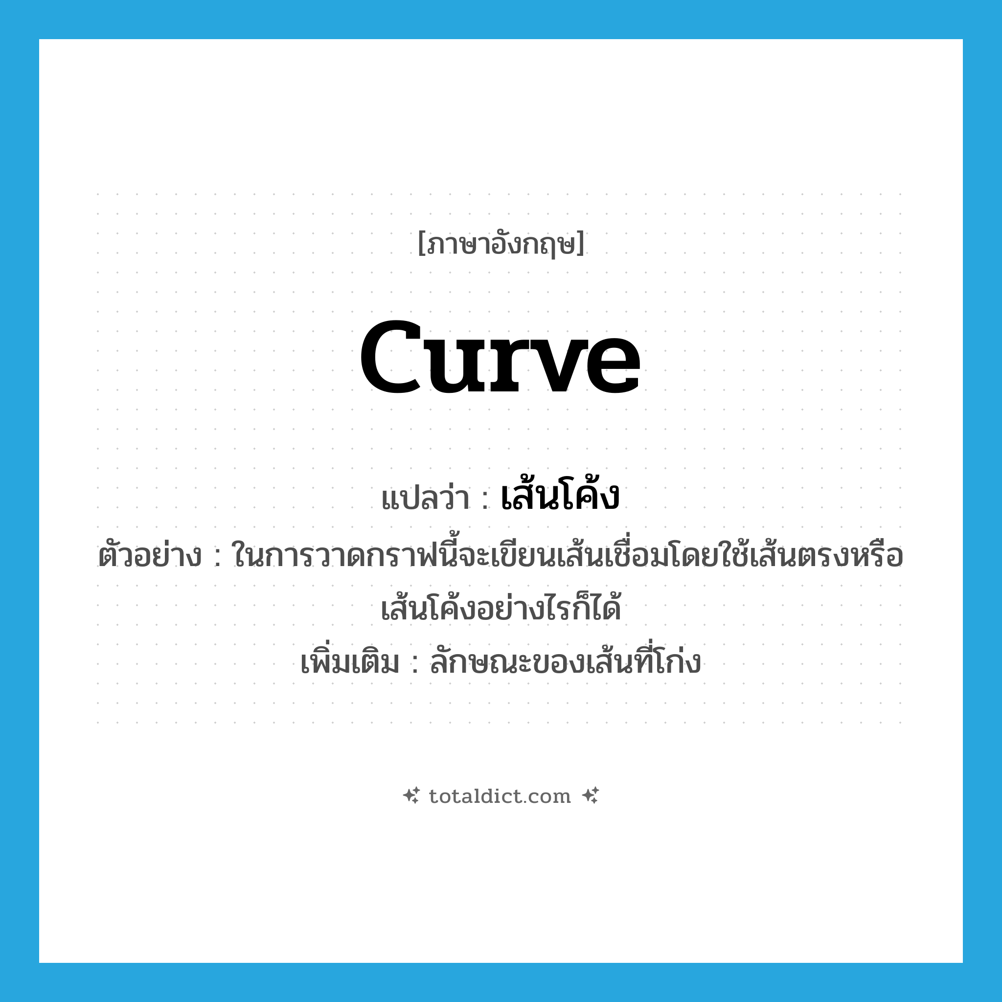 curve แปลว่า?, คำศัพท์ภาษาอังกฤษ curve แปลว่า เส้นโค้ง ประเภท N ตัวอย่าง ในการวาดกราฟนี้จะเขียนเส้นเชื่อมโดยใช้เส้นตรงหรือเส้นโค้งอย่างไรก็ได้ เพิ่มเติม ลักษณะของเส้นที่โก่ง หมวด N