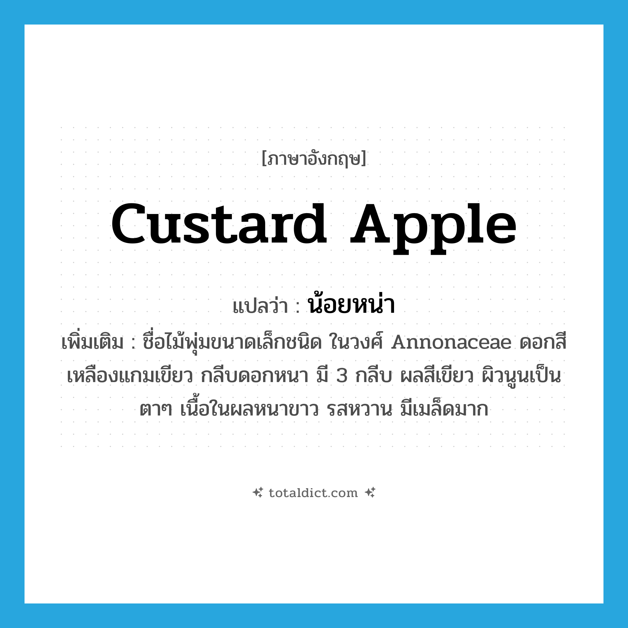 custard apple แปลว่า?, คำศัพท์ภาษาอังกฤษ custard apple แปลว่า น้อยหน่า ประเภท N เพิ่มเติม ชื่อไม้พุ่มขนาดเล็กชนิด ในวงศ์ Annonaceae ดอกสีเหลืองแกมเขียว กลีบดอกหนา มี 3 กลีบ ผลสีเขียว ผิวนูนเป็นตาๆ เนื้อในผลหนาขาว รสหวาน มีเมล็ดมาก หมวด N