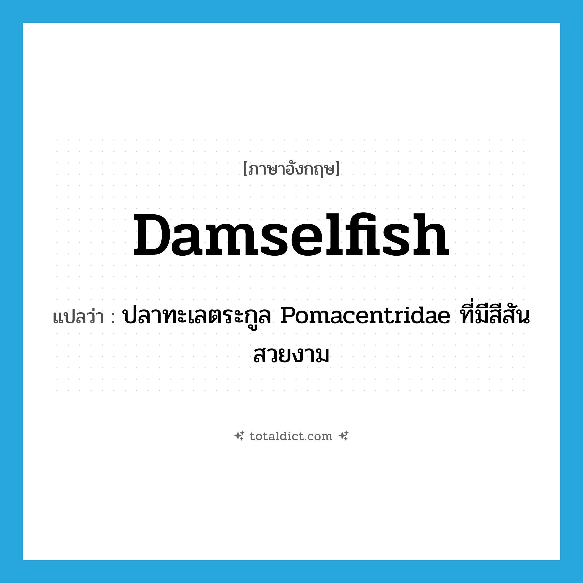 damselfish แปลว่า?, คำศัพท์ภาษาอังกฤษ damselfish แปลว่า ปลาทะเลตระกูล Pomacentridae ที่มีสีสันสวยงาม ประเภท N หมวด N