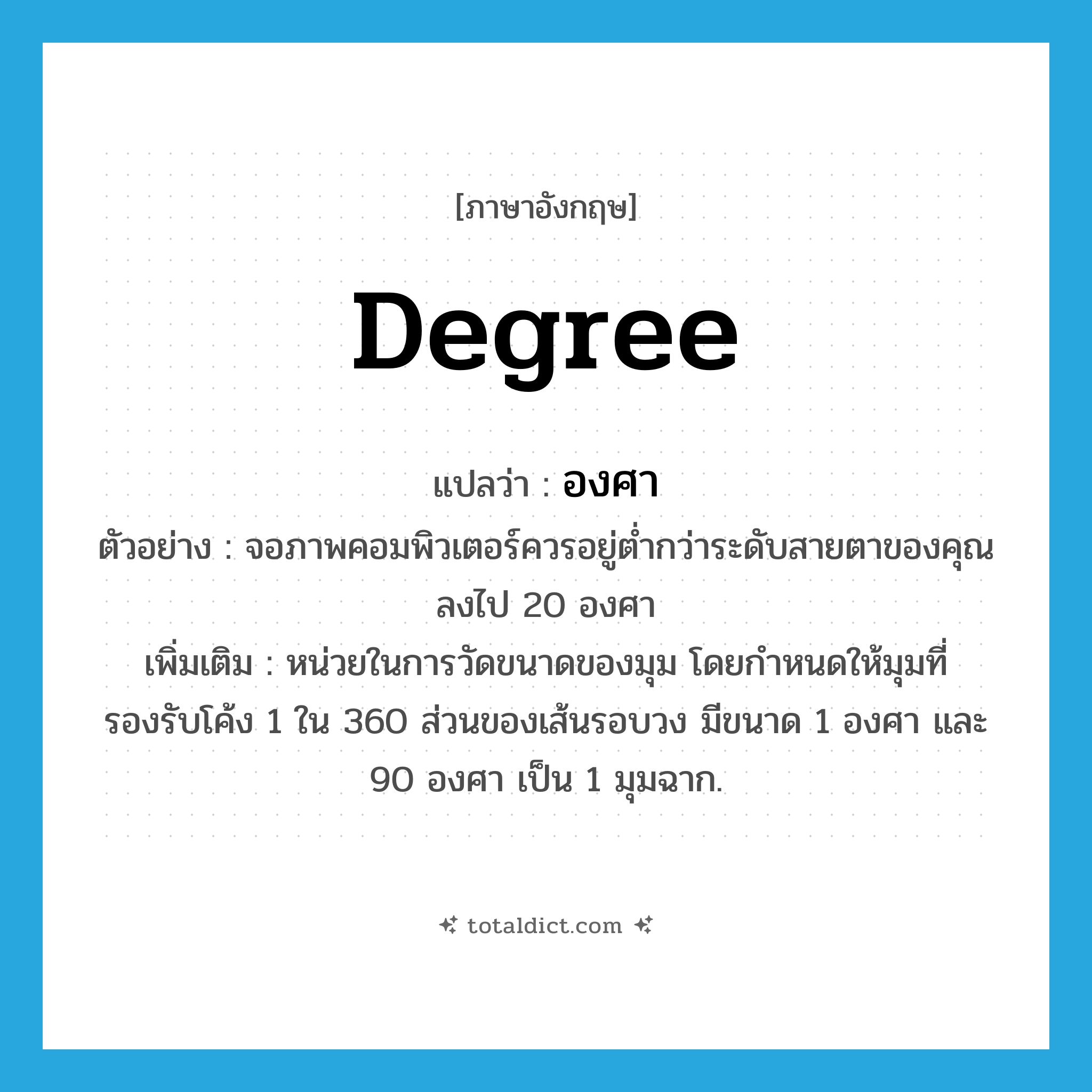 degree แปลว่า?, คำศัพท์ภาษาอังกฤษ degree แปลว่า องศา ประเภท CLAS ตัวอย่าง จอภาพคอมพิวเตอร์ควรอยู่ต่ำกว่าระดับสายตาของคุณลงไป 20 องศา เพิ่มเติม หน่วยในการวัดขนาดของมุม โดยกำหนดให้มุมที่รองรับโค้ง 1 ใน 360 ส่วนของเส้นรอบวง มีขนาด 1 องศา และ 90 องศา เป็น 1 มุมฉาก. หมวด CLAS