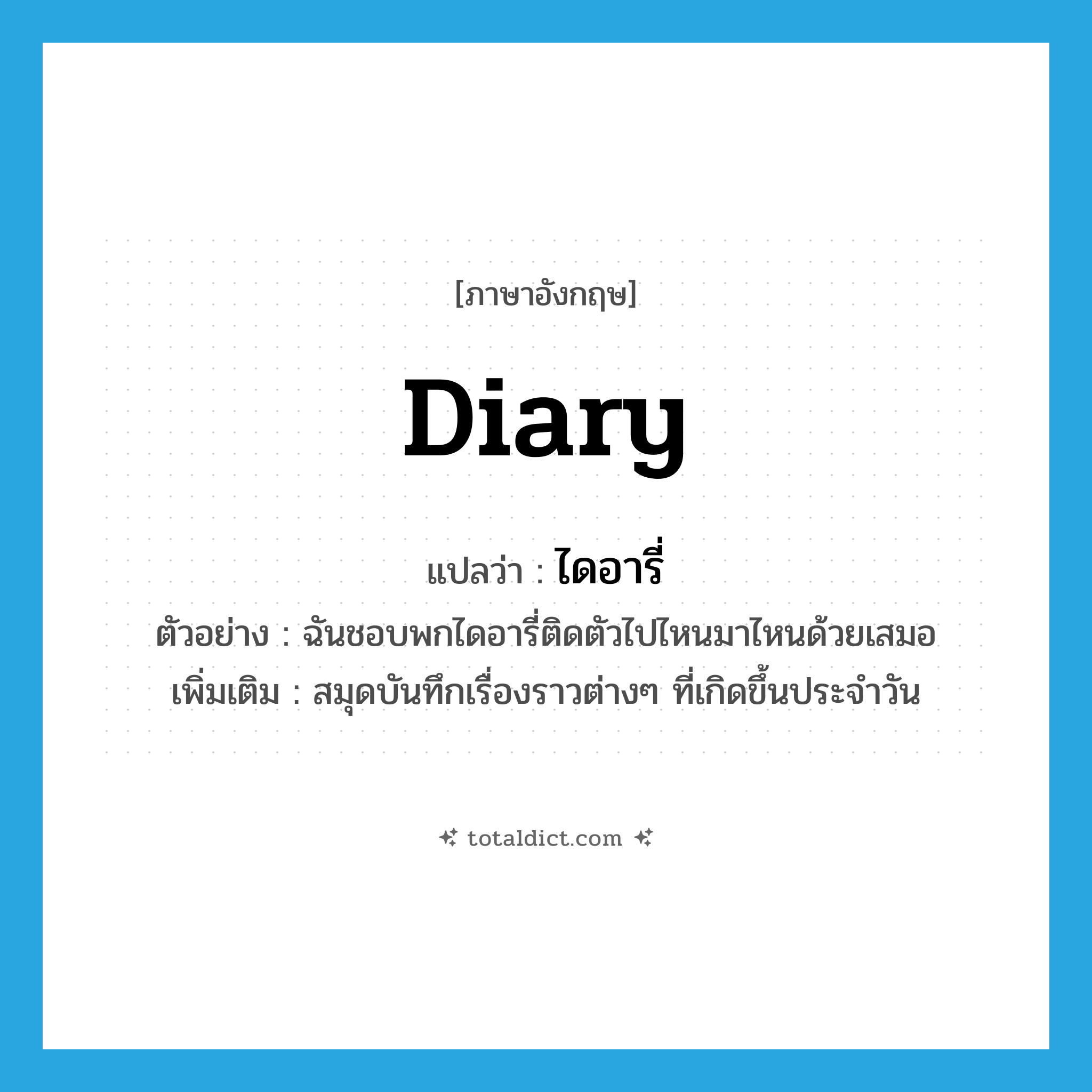 diary แปลว่า?, คำศัพท์ภาษาอังกฤษ diary แปลว่า ไดอารี่ ประเภท N ตัวอย่าง ฉันชอบพกไดอารี่ติดตัวไปไหนมาไหนด้วยเสมอ เพิ่มเติม สมุดบันทึกเรื่องราวต่างๆ ที่เกิดขึ้นประจำวัน หมวด N