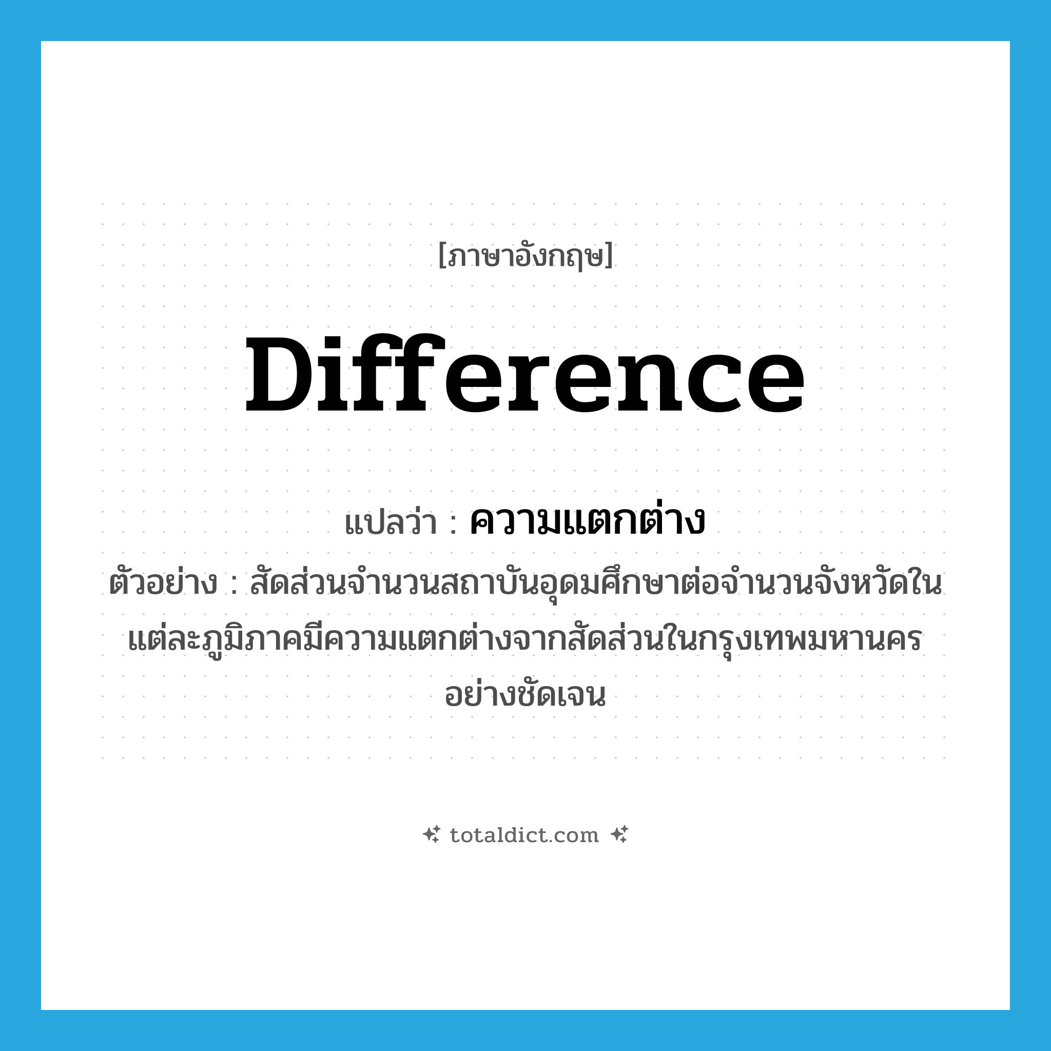 difference แปลว่า?, คำศัพท์ภาษาอังกฤษ difference แปลว่า ความแตกต่าง ประเภท N ตัวอย่าง สัดส่วนจำนวนสถาบันอุดมศึกษาต่อจำนวนจังหวัดในแต่ละภูมิภาคมีความแตกต่างจากสัดส่วนในกรุงเทพมหานครอย่างชัดเจน หมวด N