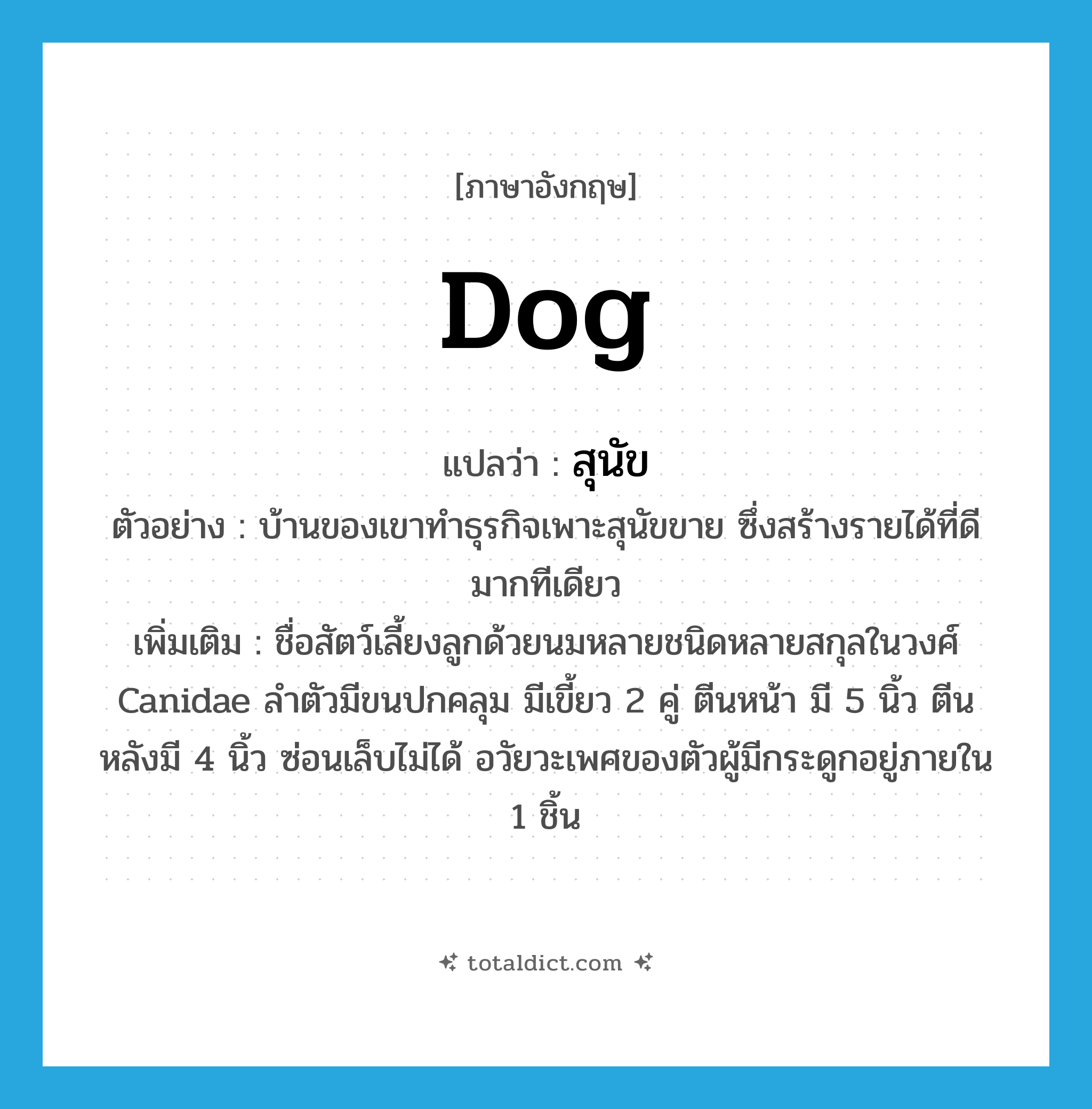 dog แปลว่า?, คำศัพท์ภาษาอังกฤษ dog แปลว่า สุนัข ประเภท N ตัวอย่าง บ้านของเขาทำธุรกิจเพาะสุนัขขาย ซึ่งสร้างรายได้ที่ดีมากทีเดียว เพิ่มเติม ชื่อสัตว์เลี้ยงลูกด้วยนมหลายชนิดหลายสกุลในวงศ์ Canidae ลำตัวมีขนปกคลุม มีเขี้ยว 2 คู่ ตีนหน้า มี 5 นิ้ว ตีนหลังมี 4 นิ้ว ซ่อนเล็บไม่ได้ อวัยวะเพศของตัวผู้มีกระดูกอยู่ภายใน 1 ชิ้น หมวด N