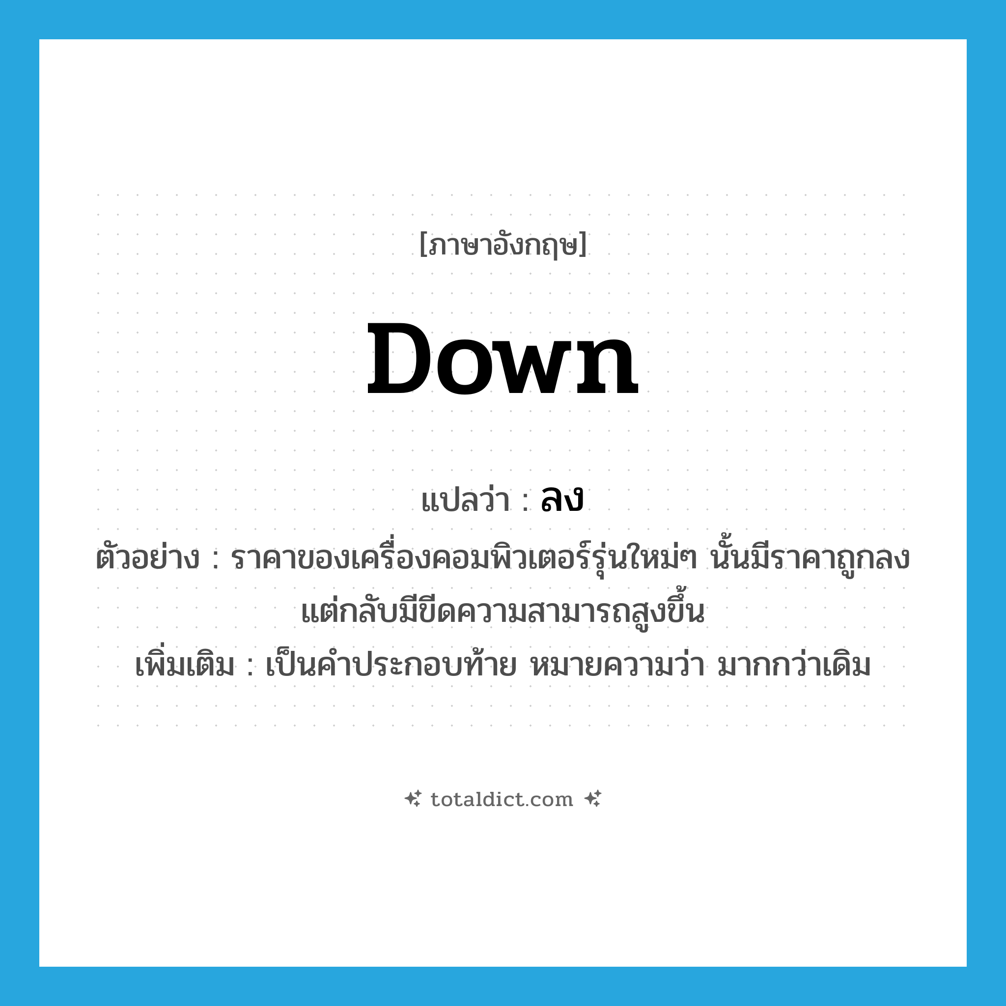 down แปลว่า?, คำศัพท์ภาษาอังกฤษ down แปลว่า ลง ประเภท ADV ตัวอย่าง ราคาของเครื่องคอมพิวเตอร์รุ่นใหม่ๆ นั้นมีราคาถูกลง แต่กลับมีขีดความสามารถสูงขึ้น เพิ่มเติม เป็นคำประกอบท้าย หมายความว่า มากกว่าเดิม หมวด ADV