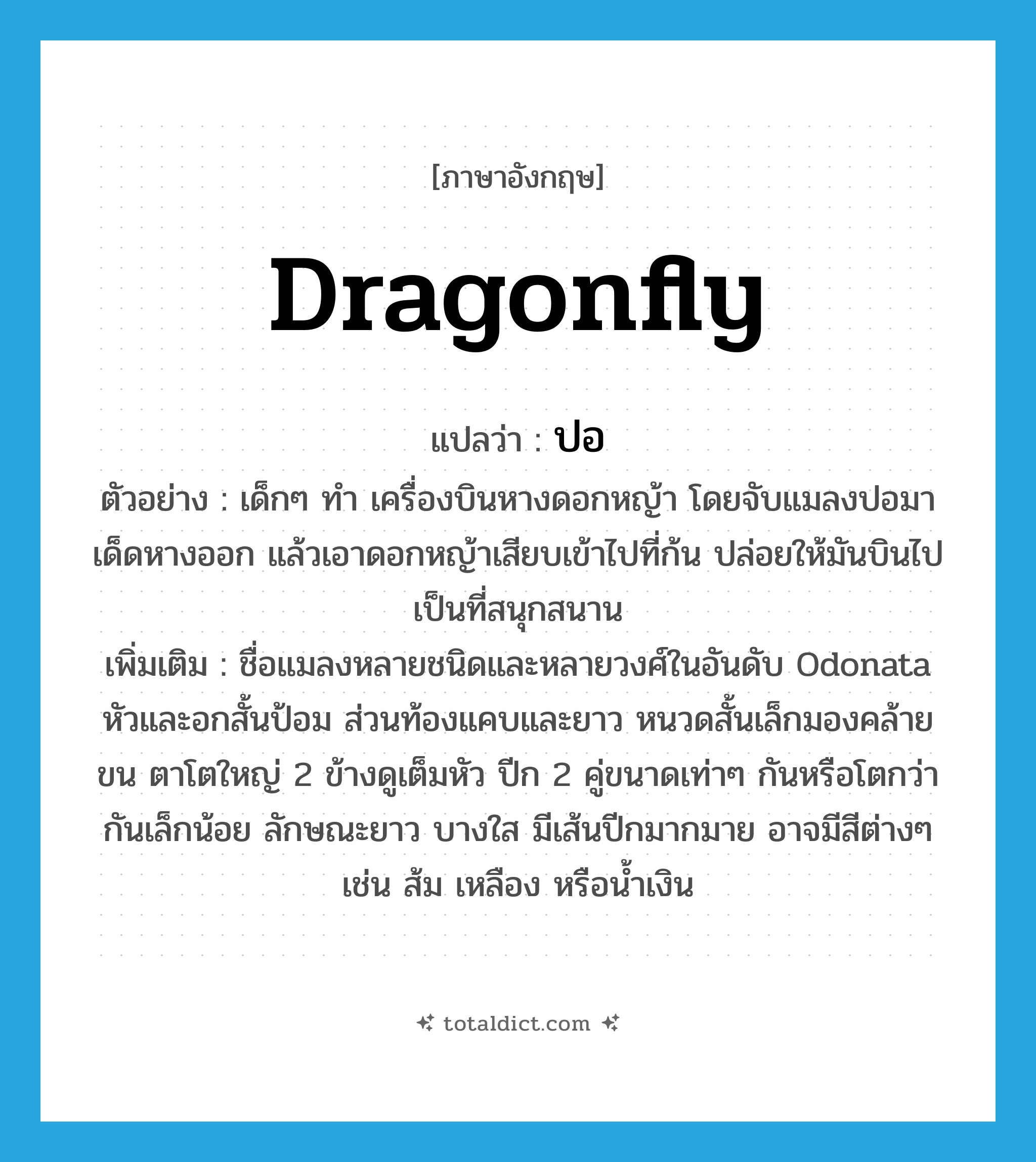 dragonfly แปลว่า?, คำศัพท์ภาษาอังกฤษ dragonfly แปลว่า ปอ ประเภท N ตัวอย่าง เด็กๆ ทำ เครื่องบินหางดอกหญ้า โดยจับแมลงปอมาเด็ดหางออก แล้วเอาดอกหญ้าเสียบเข้าไปที่ก้น ปล่อยให้มันบินไปเป็นที่สนุกสนาน เพิ่มเติม ชื่อแมลงหลายชนิดและหลายวงศ์ในอันดับ Odonata หัวและอกสั้นป้อม ส่วนท้องแคบและยาว หนวดสั้นเล็กมองคล้ายขน ตาโตใหญ่ 2 ข้างดูเต็มหัว ปีก 2 คู่ขนาดเท่าๆ กันหรือโตกว่ากันเล็กน้อย ลักษณะยาว บางใส มีเส้นปีกมากมาย อาจมีสีต่างๆ เช่น ส้ม เหลือง หรือน้ำเงิน หมวด N