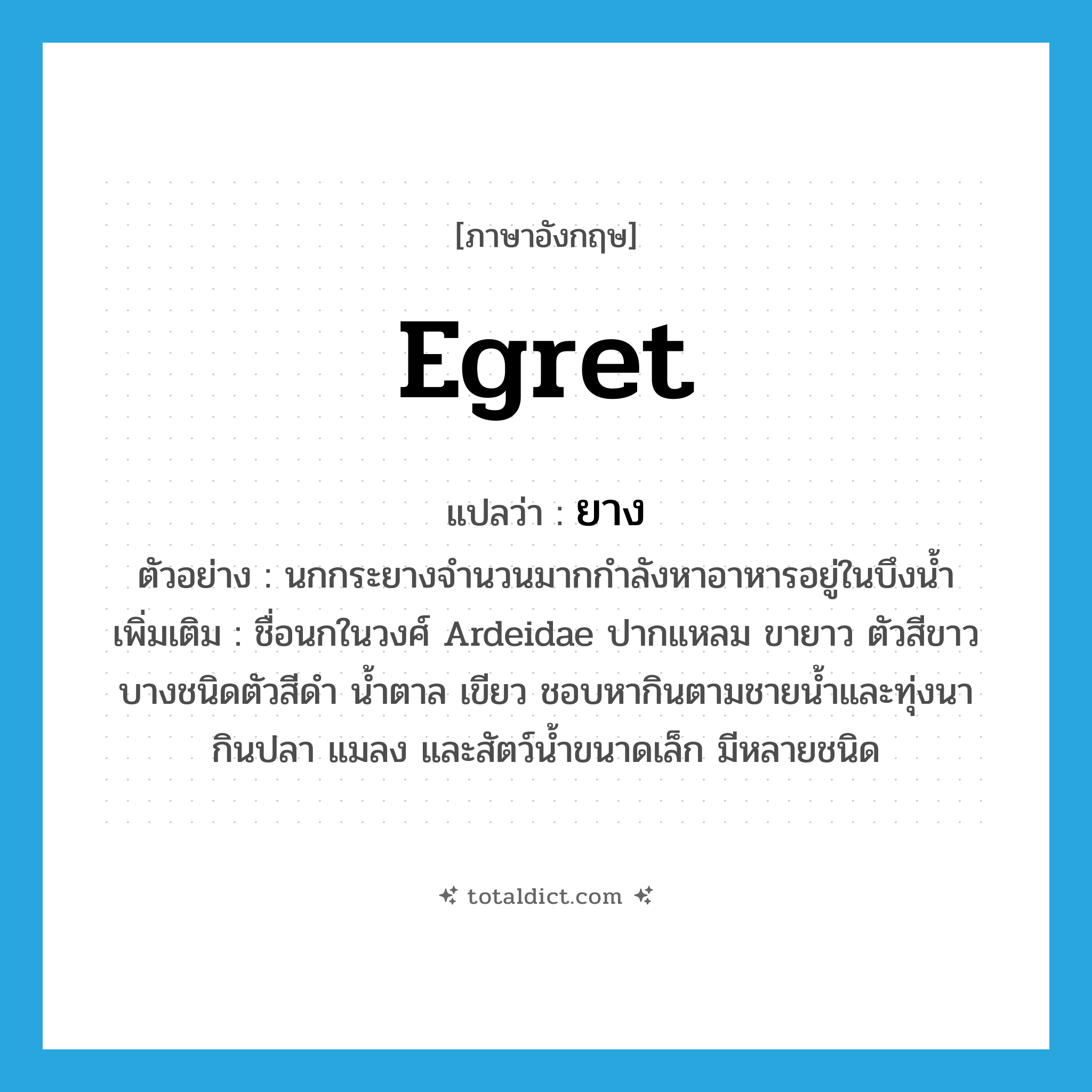 egret แปลว่า?, คำศัพท์ภาษาอังกฤษ egret แปลว่า ยาง ประเภท N ตัวอย่าง นกกระยางจำนวนมากกำลังหาอาหารอยู่ในบึงน้ำ เพิ่มเติม ชื่อนกในวงศ์ Ardeidae ปากแหลม ขายาว ตัวสีขาว บางชนิดตัวสีดำ น้ำตาล เขียว ชอบหากินตามชายน้ำและทุ่งนา กินปลา แมลง และสัตว์น้ำขนาดเล็ก มีหลายชนิด หมวด N