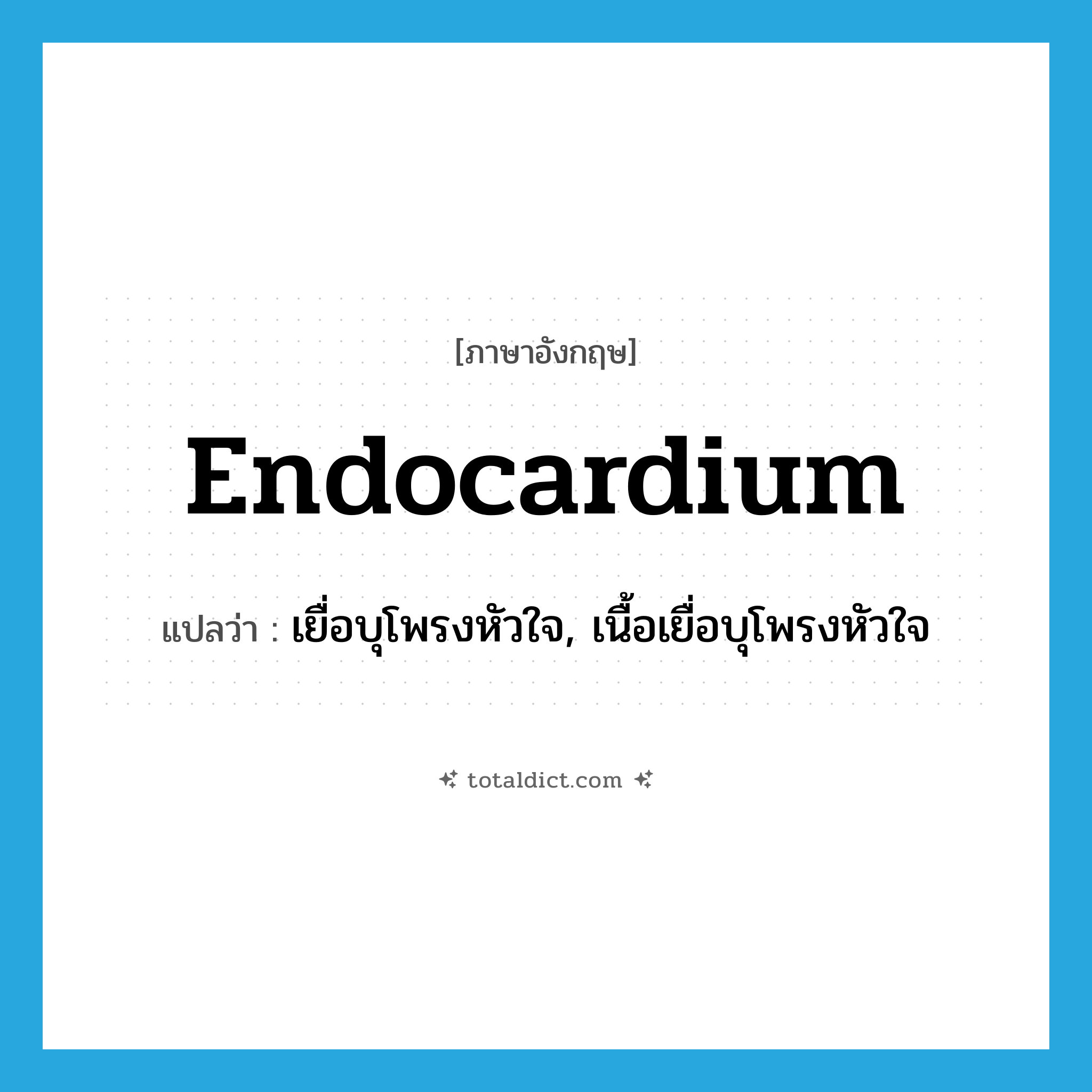 endocardium แปลว่า?, คำศัพท์ภาษาอังกฤษ endocardium แปลว่า เยื่อบุโพรงหัวใจ, เนื้อเยื่อบุโพรงหัวใจ ประเภท N หมวด N