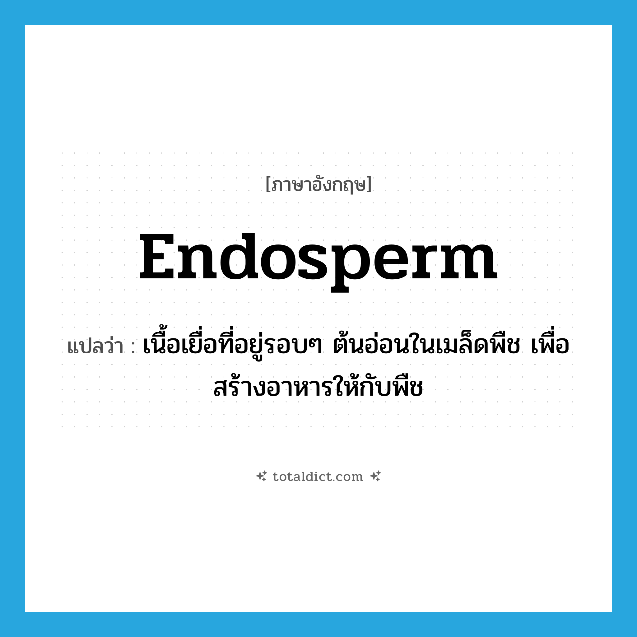 endosperm แปลว่า?, คำศัพท์ภาษาอังกฤษ endosperm แปลว่า เนื้อเยื่อที่อยู่รอบๆ ต้นอ่อนในเมล็ดพืช เพื่อสร้างอาหารให้กับพืช ประเภท N หมวด N