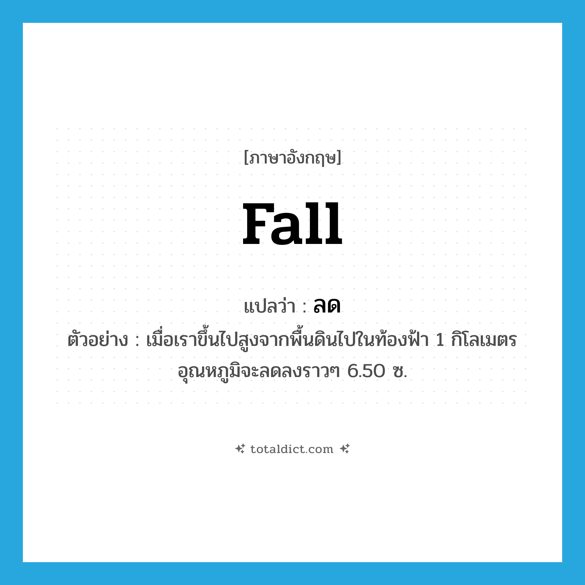 fall แปลว่า?, คำศัพท์ภาษาอังกฤษ fall แปลว่า ลด ประเภท V ตัวอย่าง เมื่อเราขึ้นไปสูงจากพื้นดินไปในท้องฟ้า 1 กิโลเมตร อุณหภูมิจะลดลงราวๆ 6.50 ซ. หมวด V