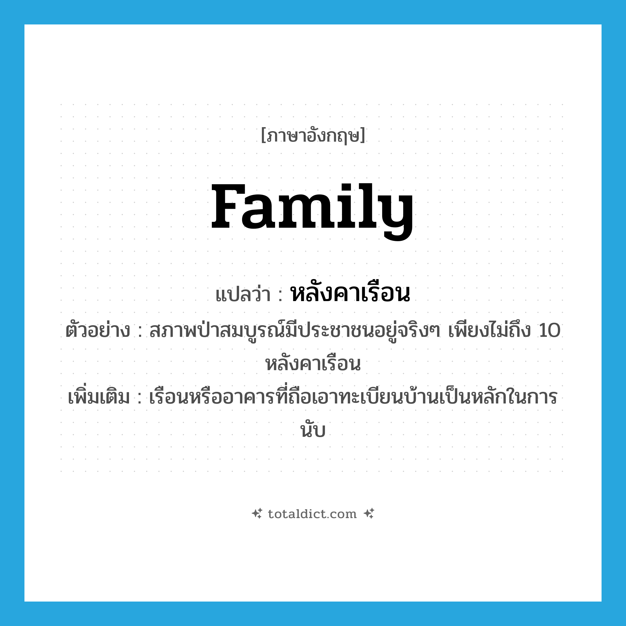 family แปลว่า?, คำศัพท์ภาษาอังกฤษ family แปลว่า หลังคาเรือน ประเภท CLAS ตัวอย่าง สภาพป่าสมบูรณ์มีประชาชนอยู่จริงๆ เพียงไม่ถึง 10 หลังคาเรือน เพิ่มเติม เรือนหรืออาคารที่ถือเอาทะเบียนบ้านเป็นหลักในการนับ หมวด CLAS