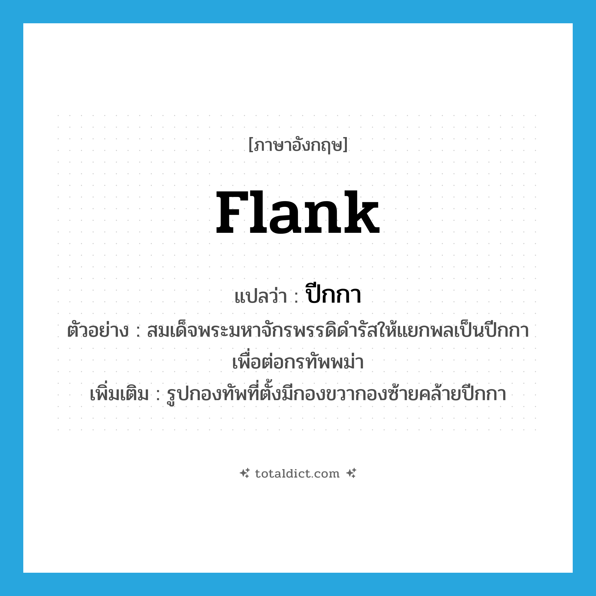 flank แปลว่า?, คำศัพท์ภาษาอังกฤษ flank แปลว่า ปีกกา ประเภท N ตัวอย่าง สมเด็จพระมหาจักรพรรดิดำรัสให้แยกพลเป็นปีกกาเพื่อต่อกรทัพพม่า เพิ่มเติม รูปกองทัพที่ตั้งมีกองขวากองซ้ายคล้ายปีกกา หมวด N