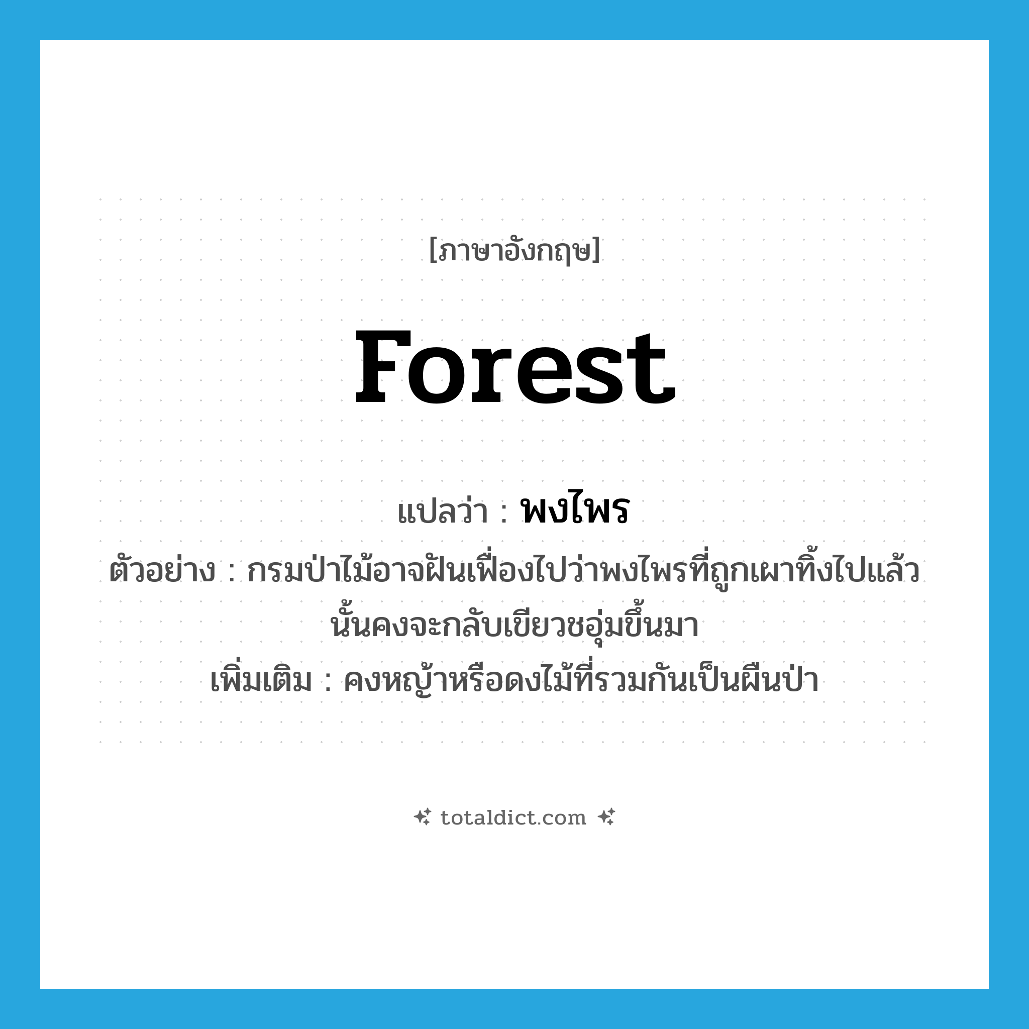 forest แปลว่า?, คำศัพท์ภาษาอังกฤษ forest แปลว่า พงไพร ประเภท N ตัวอย่าง กรมป่าไม้อาจฝันเฟื่องไปว่าพงไพรที่ถูกเผาทิ้งไปแล้วนั้นคงจะกลับเขียวชอุ่มขึ้นมา เพิ่มเติม คงหญ้าหรือดงไม้ที่รวมกันเป็นผืนป่า หมวด N