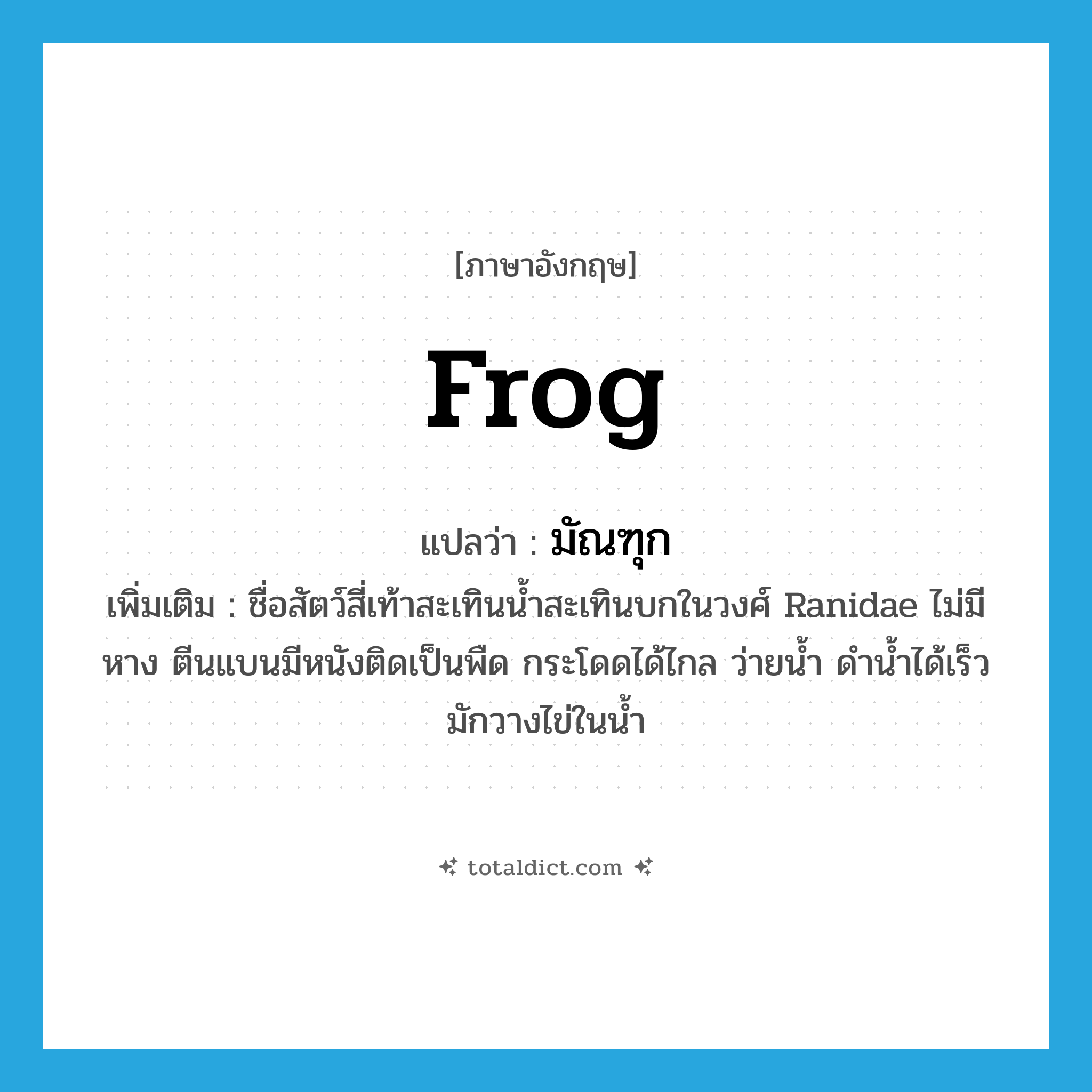 frog แปลว่า?, คำศัพท์ภาษาอังกฤษ frog แปลว่า มัณฑุก ประเภท N เพิ่มเติม ชื่อสัตว์สี่เท้าสะเทินน้ำสะเทินบกในวงศ์ Ranidae ไม่มีหาง ตีนแบนมีหนังติดเป็นพืด กระโดดได้ไกล ว่ายน้ำ ดำน้ำได้เร็ว มักวางไข่ในน้ำ หมวด N