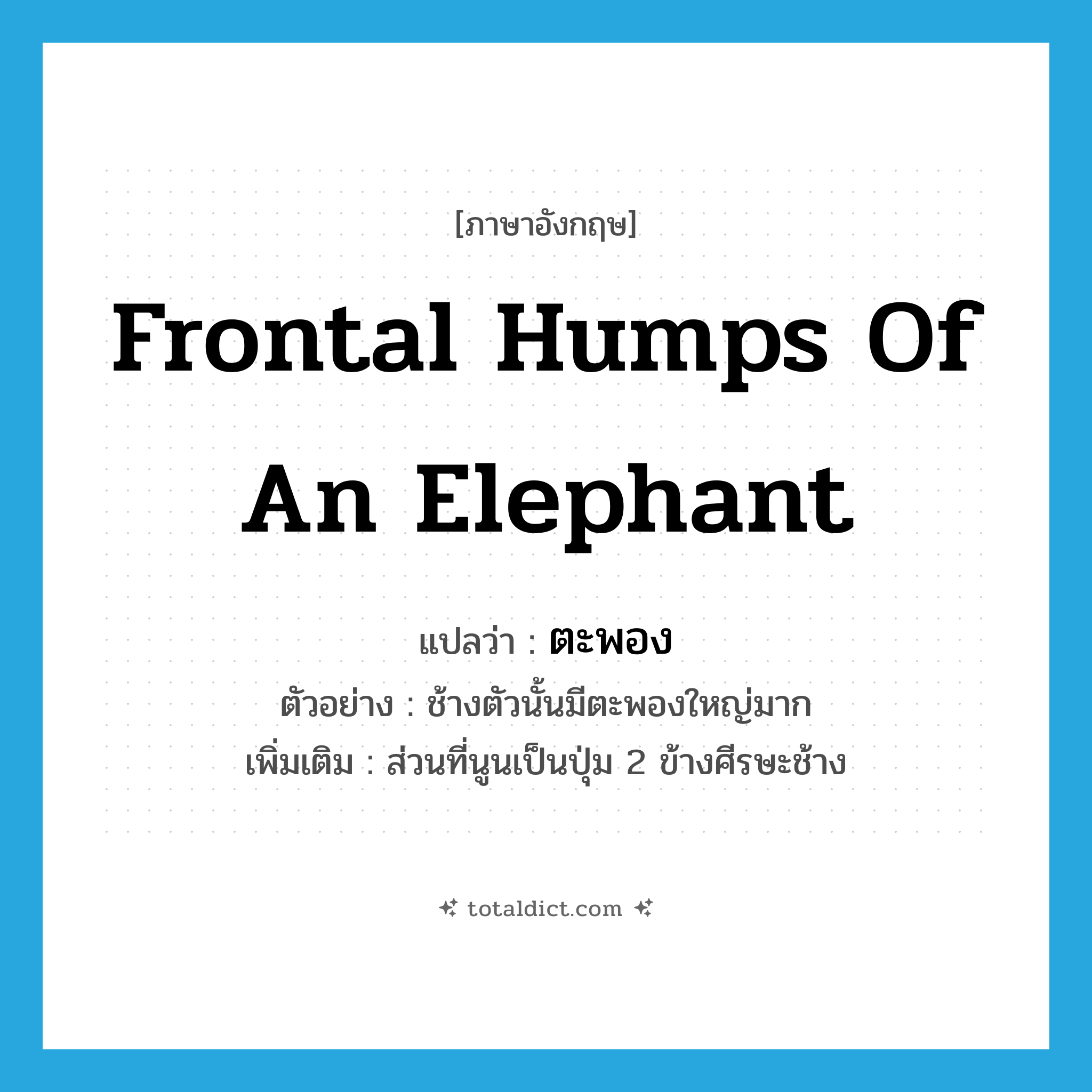 frontal humps of an elephant แปลว่า?, คำศัพท์ภาษาอังกฤษ frontal humps of an elephant แปลว่า ตะพอง ประเภท N ตัวอย่าง ช้างตัวนั้นมีตะพองใหญ่มาก เพิ่มเติม ส่วนที่นูนเป็นปุ่ม 2 ข้างศีรษะช้าง หมวด N