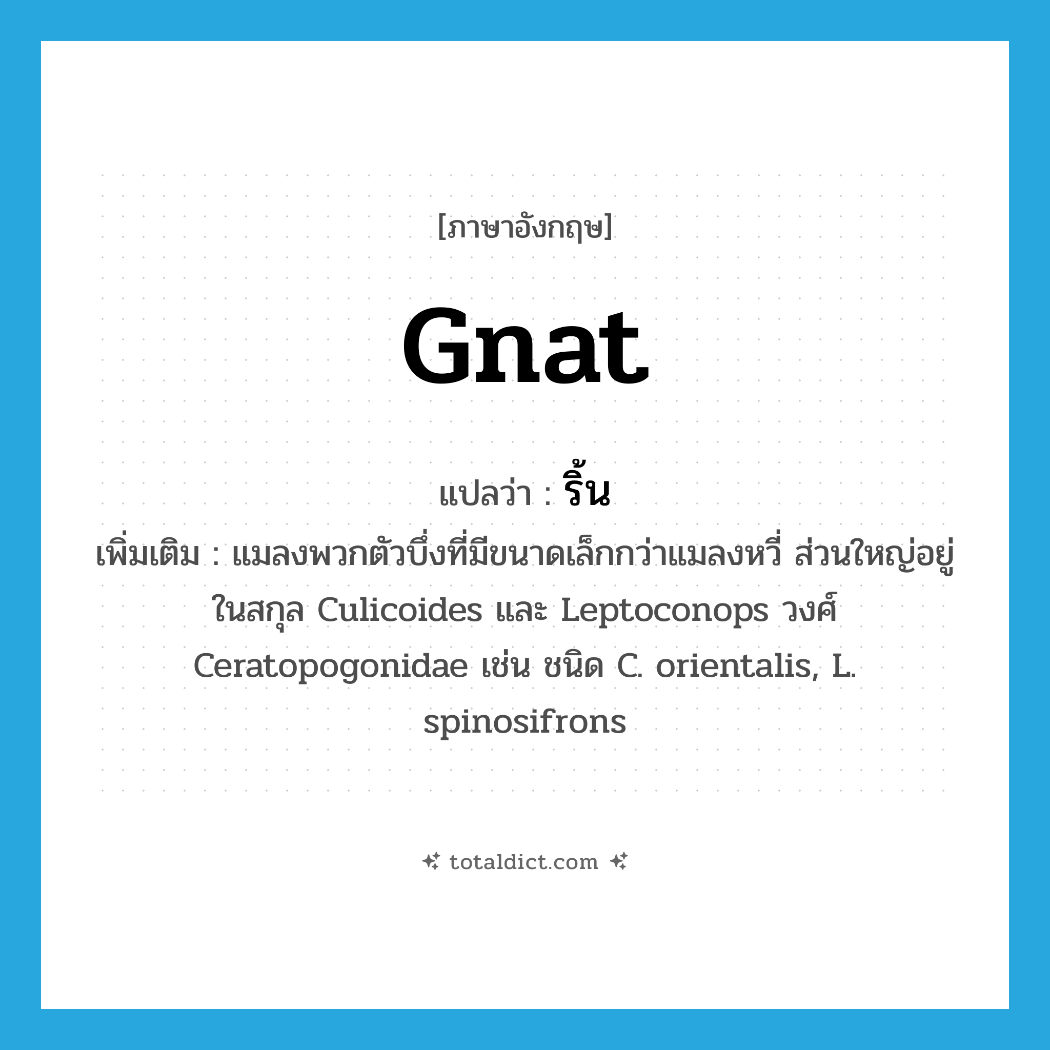 gnat แปลว่า?, คำศัพท์ภาษาอังกฤษ gnat แปลว่า ริ้น ประเภท N เพิ่มเติม แมลงพวกตัวบึ่งที่มีขนาดเล็กกว่าแมลงหวี่ ส่วนใหญ่อยู่ในสกุล Culicoides และ Leptoconops วงศ์ Ceratopogonidae เช่น ชนิด C. orientalis, L. spinosifrons หมวด N