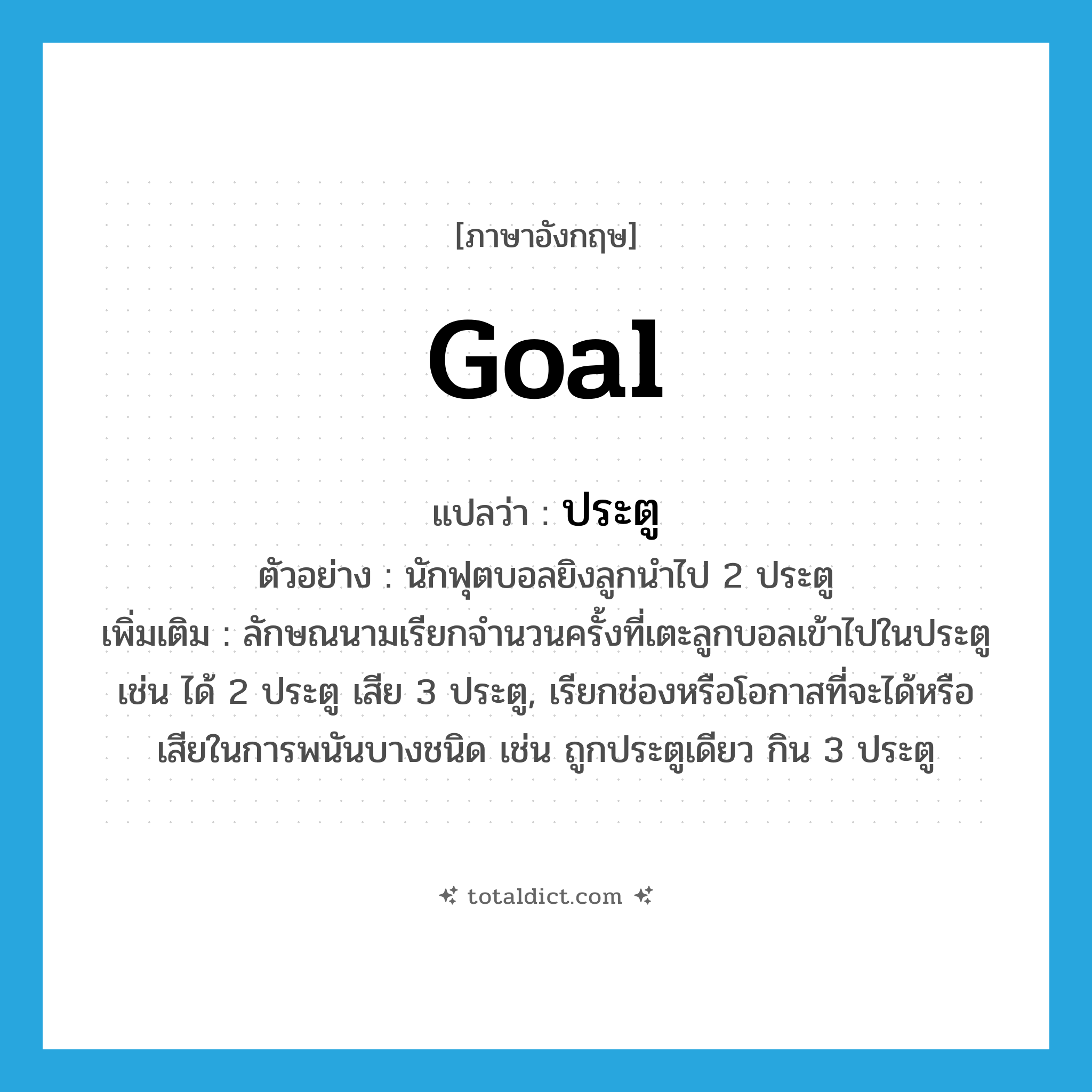 goal แปลว่า?, คำศัพท์ภาษาอังกฤษ goal แปลว่า ประตู ประเภท CLAS ตัวอย่าง นักฟุตบอลยิงลูกนำไป 2 ประตู เพิ่มเติม ลักษณนามเรียกจำนวนครั้งที่เตะลูกบอลเข้าไปในประตู เช่น ได้ 2 ประตู เสีย 3 ประตู, เรียกช่องหรือโอกาสที่จะได้หรือเสียในการพนันบางชนิด เช่น ถูกประตูเดียว กิน 3 ประตู หมวด CLAS