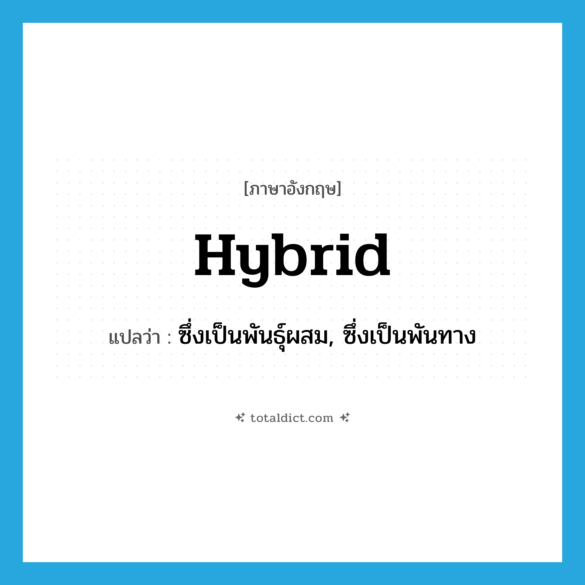 hybrid แปลว่า?, คำศัพท์ภาษาอังกฤษ hybrid แปลว่า ซึ่งเป็นพันธุ์ผสม, ซึ่งเป็นพันทาง ประเภท ADJ หมวด ADJ