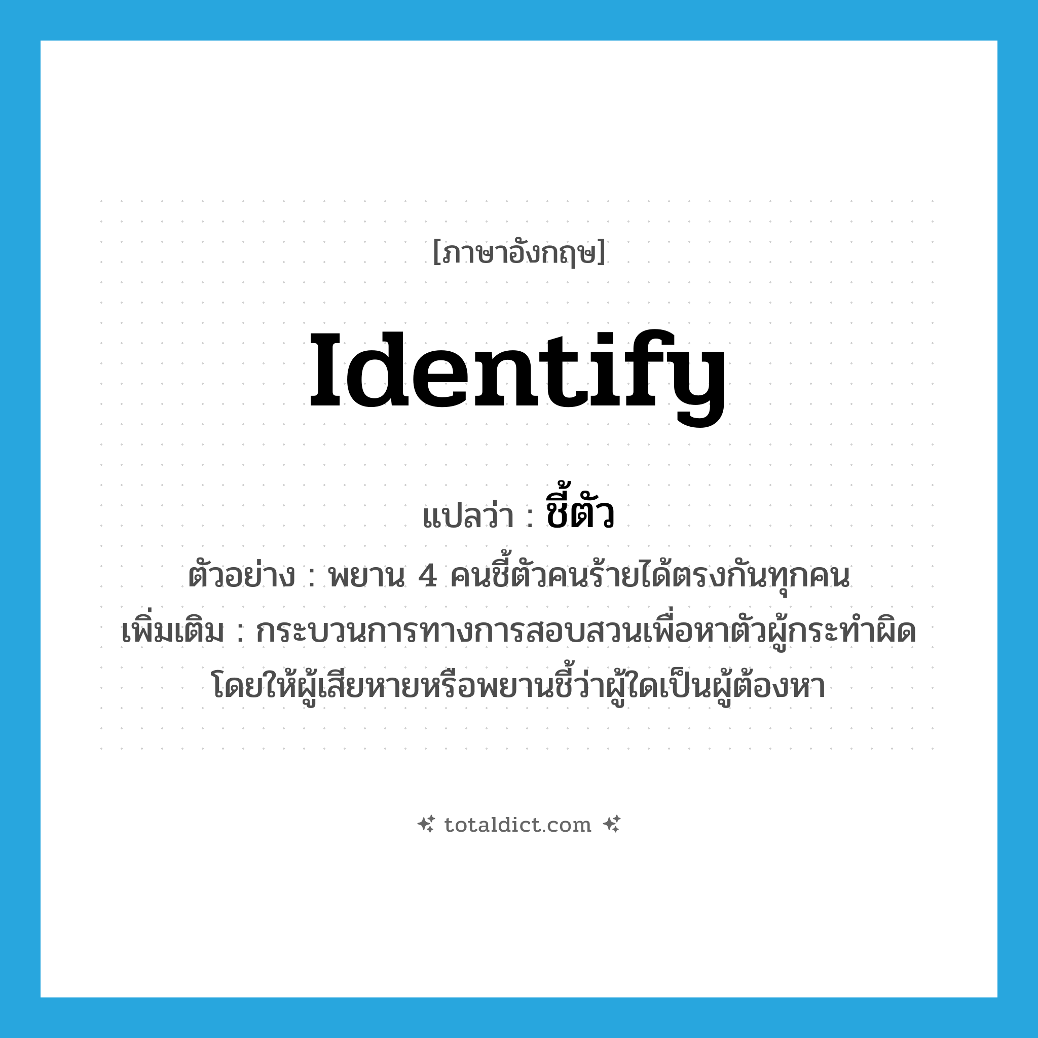 identify แปลว่า?, คำศัพท์ภาษาอังกฤษ identify แปลว่า ชี้ตัว ประเภท V ตัวอย่าง พยาน 4 คนชี้ตัวคนร้ายได้ตรงกันทุกคน เพิ่มเติม กระบวนการทางการสอบสวนเพื่อหาตัวผู้กระทำผิด โดยให้ผู้เสียหายหรือพยานชี้ว่าผู้ใดเป็นผู้ต้องหา หมวด V