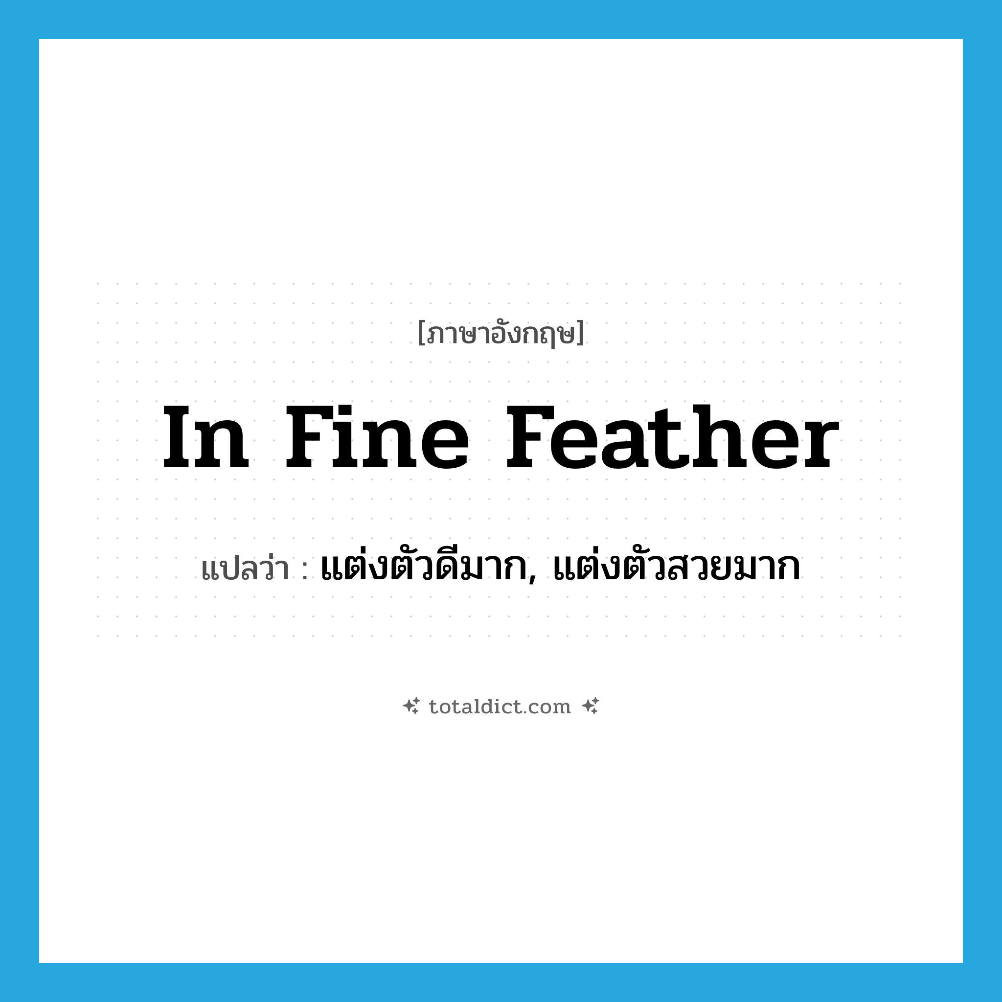 in fine feather แปลว่า?, คำศัพท์ภาษาอังกฤษ in fine feather แปลว่า แต่งตัวดีมาก, แต่งตัวสวยมาก ประเภท SL หมวด SL