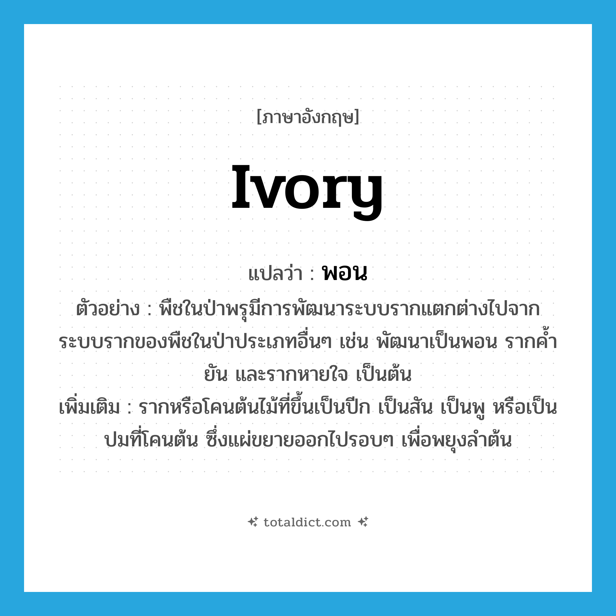 ivory แปลว่า?, คำศัพท์ภาษาอังกฤษ ivory แปลว่า พอน ประเภท N ตัวอย่าง พืชในป่าพรุมีการพัฒนาระบบรากแตกต่างไปจากระบบรากของพืชในป่าประเภทอื่นๆ เช่น พัฒนาเป็นพอน รากค้ำยัน และรากหายใจ เป็นต้น เพิ่มเติม รากหรือโคนต้นไม้ที่ขึ้นเป็นปีก เป็นสัน เป็นพู หรือเป็นปมที่โคนต้น ซึ่งแผ่ขยายออกไปรอบๆ เพื่อพยุงลำต้น หมวด N