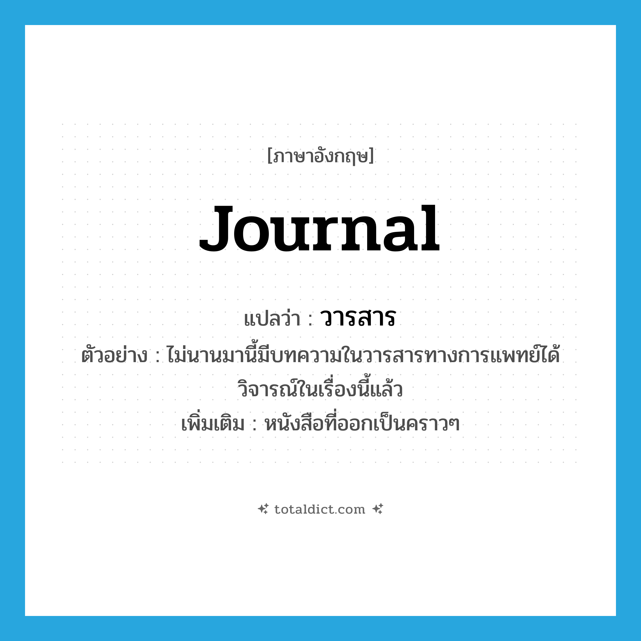 journal แปลว่า?, คำศัพท์ภาษาอังกฤษ journal แปลว่า วารสาร ประเภท N ตัวอย่าง ไม่นานมานี้มีบทความในวารสารทางการแพทย์ได้วิจารณ์ในเรื่องนี้แล้ว เพิ่มเติม หนังสือที่ออกเป็นคราวๆ หมวด N