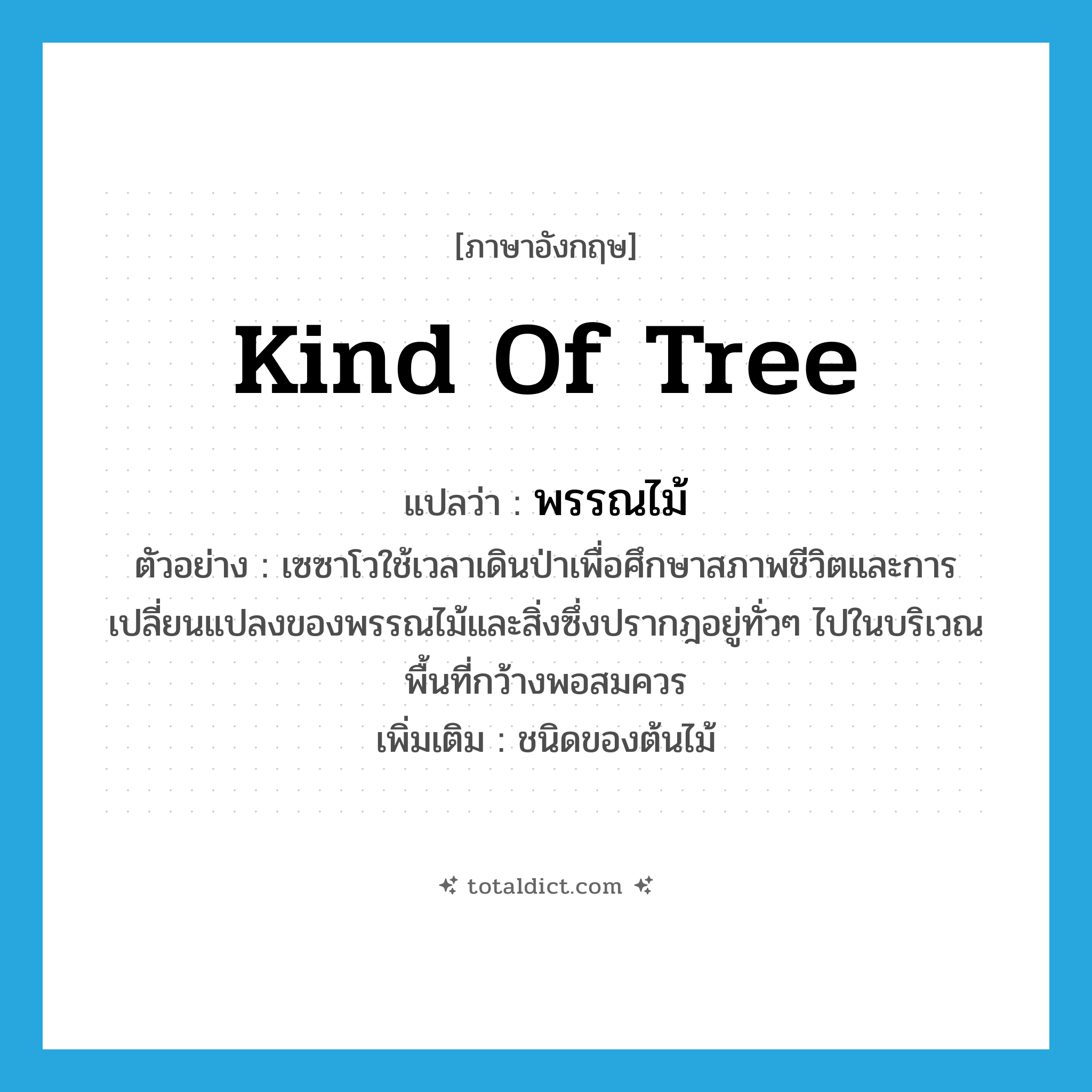 kind of tree แปลว่า?, คำศัพท์ภาษาอังกฤษ kind of tree แปลว่า พรรณไม้ ประเภท N ตัวอย่าง เซซาโวใช้เวลาเดินป่าเพื่อศึกษาสภาพชีวิตและการเปลี่ยนแปลงของพรรณไม้และสิ่งซึ่งปรากฎอยู่ทั่วๆ ไปในบริเวณพื้นที่กว้างพอสมควร เพิ่มเติม ชนิดของต้นไม้ หมวด N